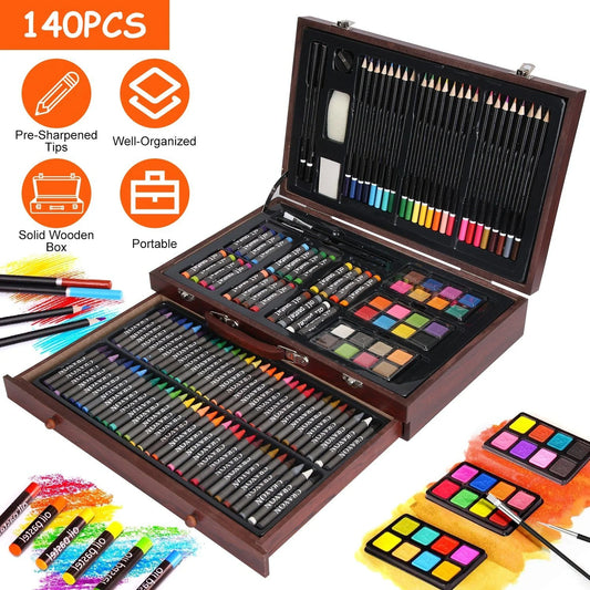 Doba 140Pcs Art Supplies With Colored Pencils Oil Pastels Crayons, Watercolor Cakes Brushes Sharpener Eraser In Elegant Wooden Box Professional Art Kit For Kids Adults Beginners Pros Art Supplies