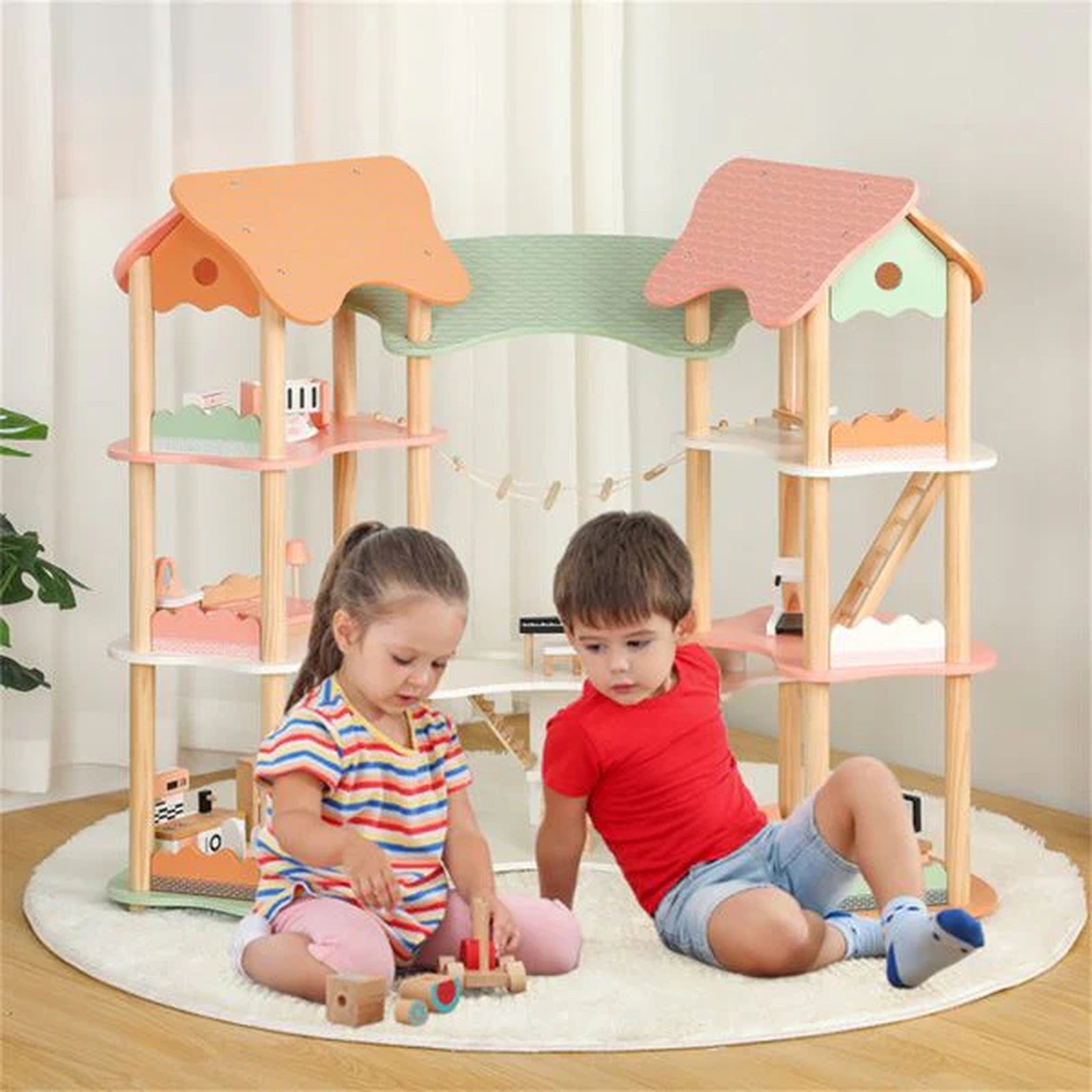 Doba 3-Tier Dollhouse with 7 Rooms & 31 Cute Furniture, MDF+Pine Wood Corner Design Kids Toy