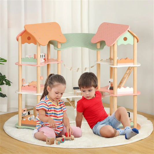 Doba 3-Tier Dollhouse with 7 Rooms & 31 Cute Furniture, MDF+Pine Wood Corner Design Kids Toy