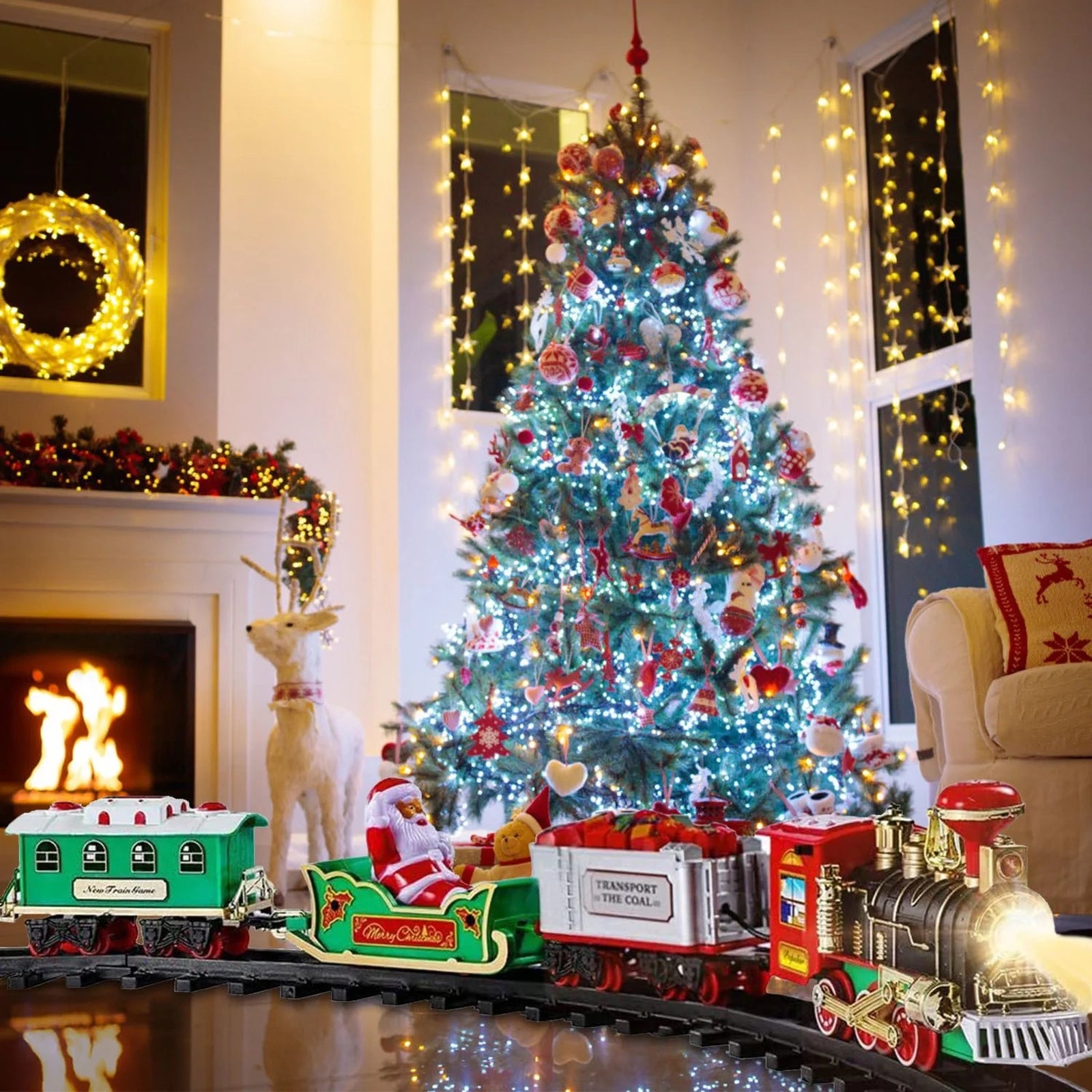 Doba Electric Train Set Kid Toy Xmas Steam Train Kit Tree Surround Track Battery Operated