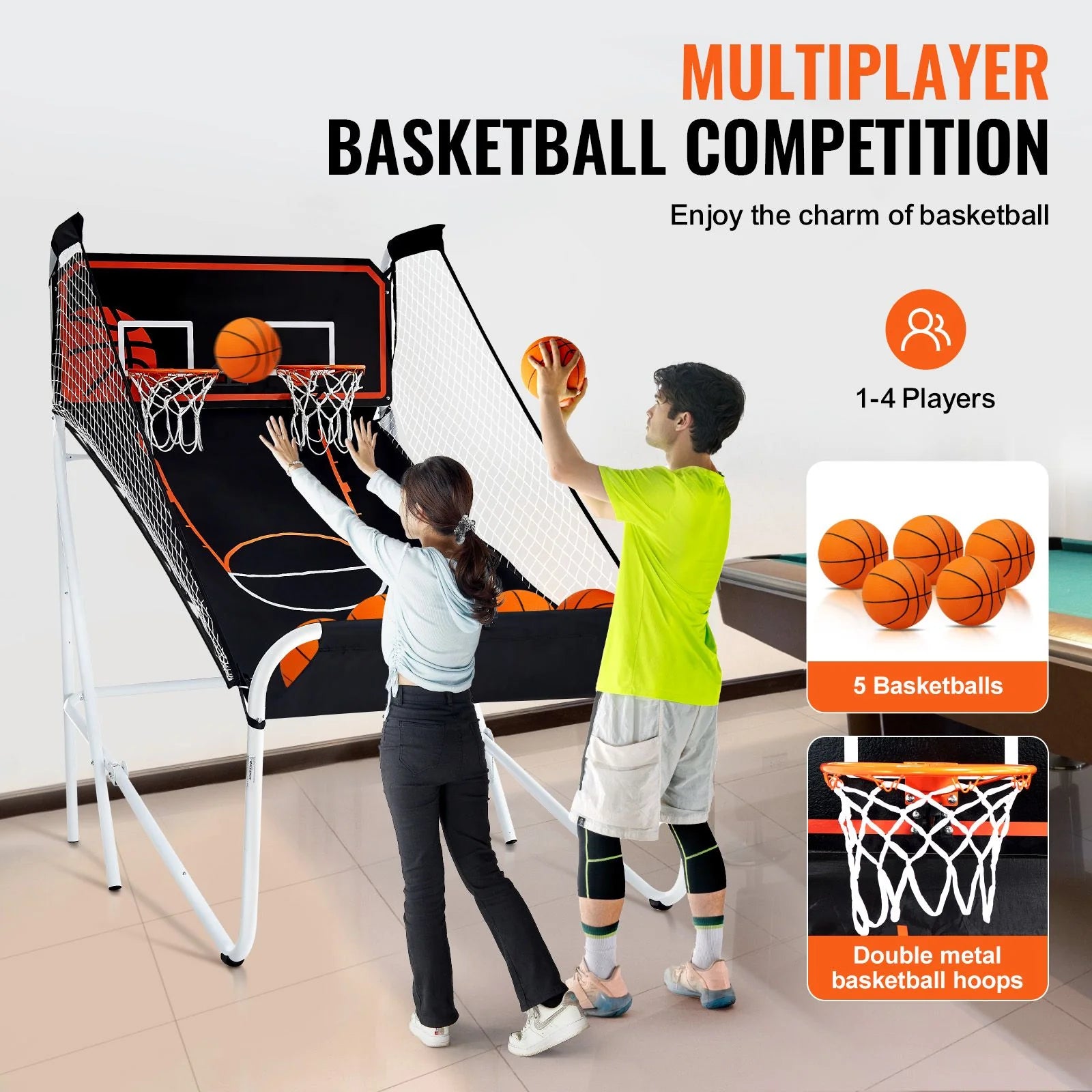 Doba Foldable Basketball Arcade Game, 2 Player Indoor Basketball Game, Home Dual Shot Sport with 5 Balls, 8 Game Modes, Electronic Scoreboard, and Inflation Pump, for Kids, Adults (Black & White)
