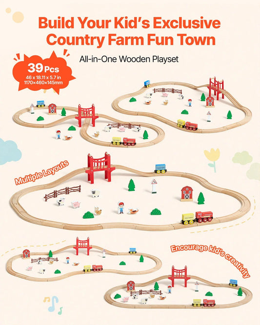 Doba Wooden Train Set, 39PCS, Wood Train Track with Magnetic Trains and Railway Accessories, Compatible with Major Brands, Small Town, Christmas Birthday Toy for Kids Toddlers Ages 3-8 Boys and Girls