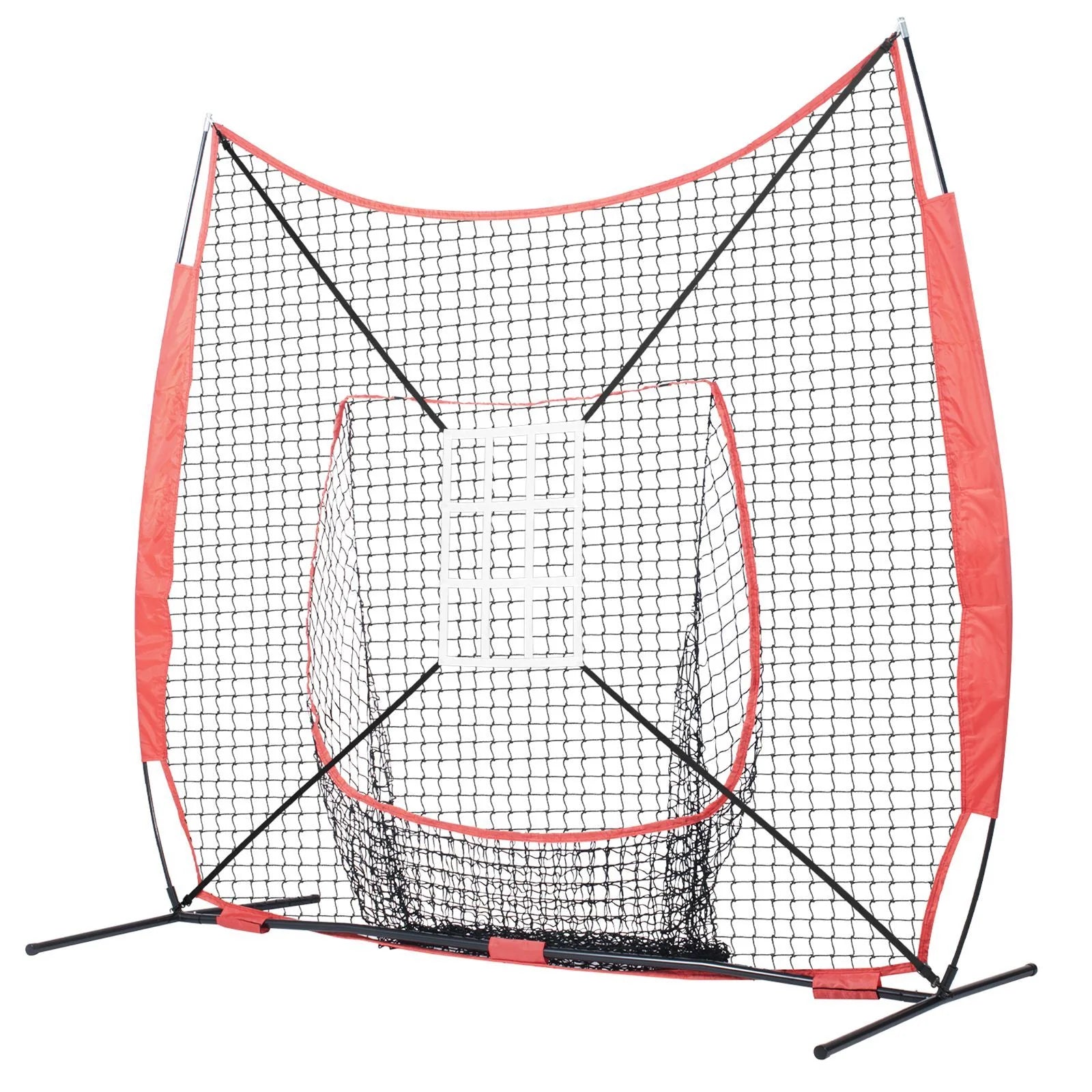 Doba 7x7 ft Baseball Softball Practice Net, Portable Baseball Training Net for Hitting Catching Pitching, Backstop Equipment with Bow Frame, Carry Bag, Strike Zone, 12 Balls, Tee, and Ball Collector