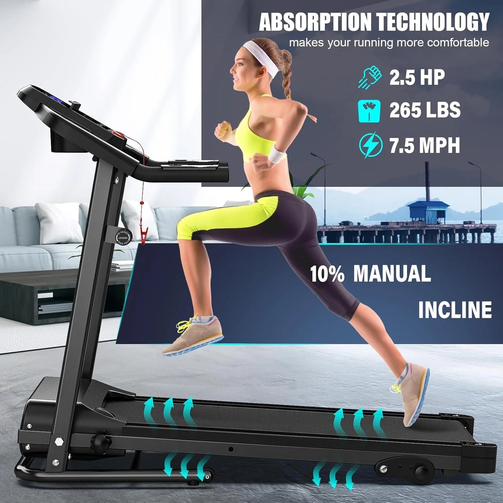 SEVORLEY FYC Compact Folding Treadmill – 2.5HP Brushless Motor, 3-Level Incline, 7.5 MPH Speed, Shock-Absorbing Running Belt, 400 lbs Capacity, Space-Saving Design for Home Gym & Apartment