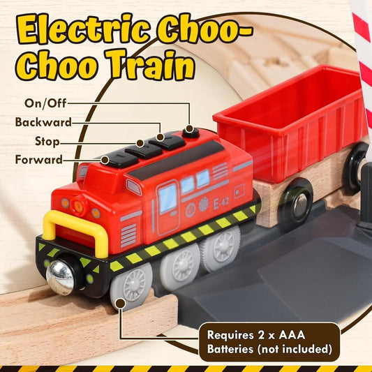 Doba Wooden Train Set, Construction Toys Train Set for Toddlers 2-4, Wooden Train Track for Kids w/Crane, Railway Playset Toys for 3 Year Old Boys Girls
