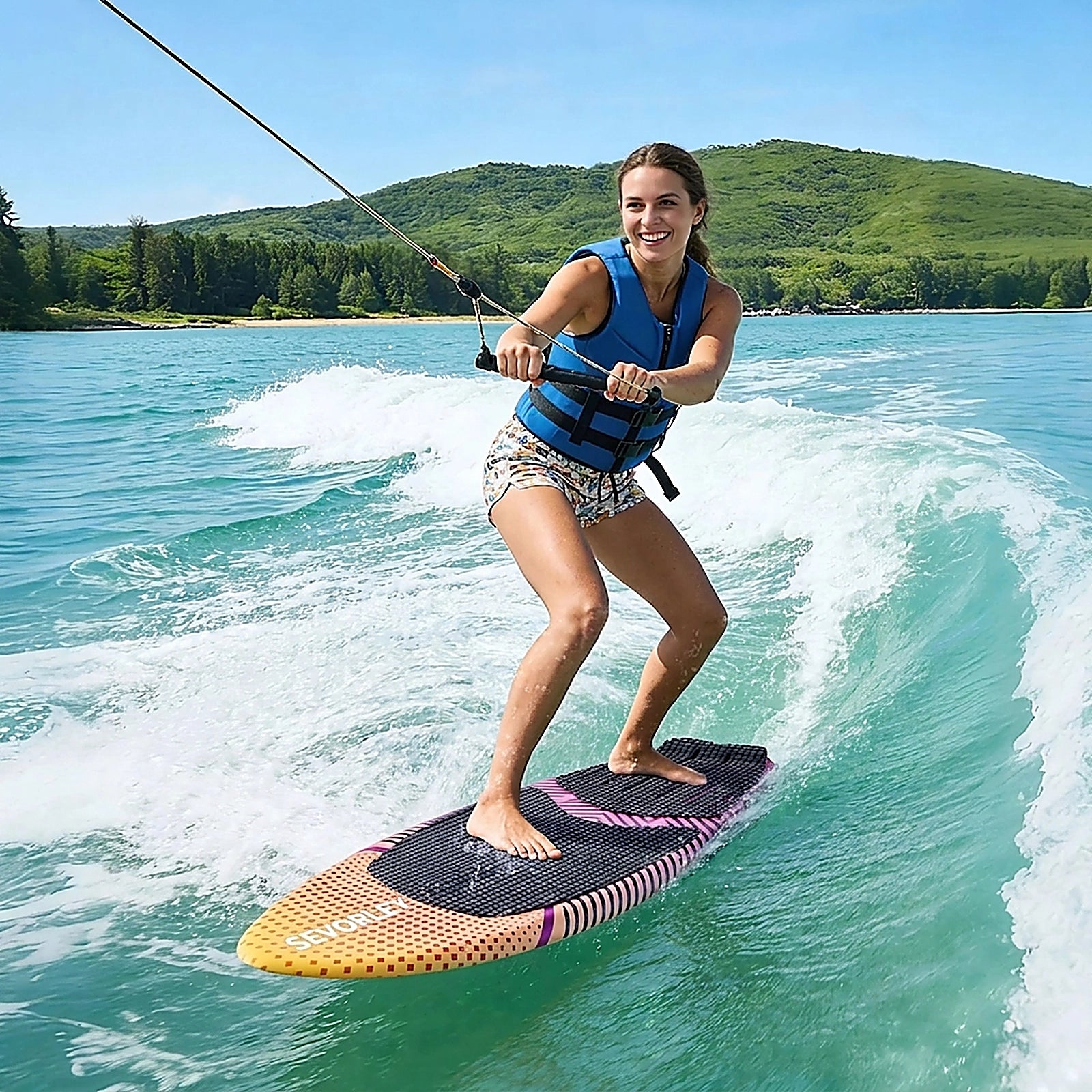 Doba 63-Inch Wakesurf Board, Wake Surfing Board with EPS Foam Core, EVA Non-Slip Pad & 3 Tail Fins, UV-Resistant Wakesurfing Boards for Adults Up to 250 lbs