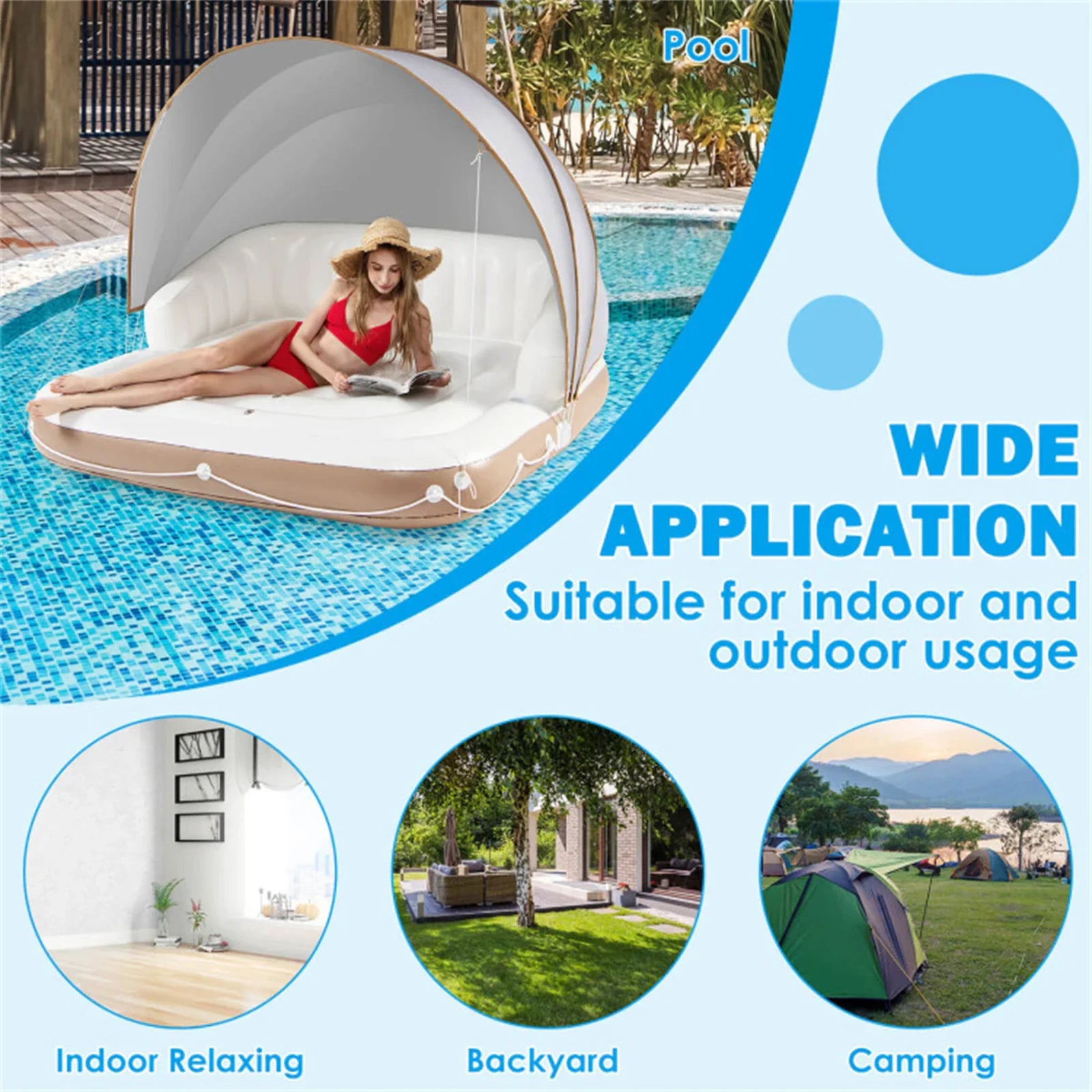 SEVORLEY Inflatable Floating Island Lounge – 71" x 71" Water Raft with Adjustable Removable Sunshade Canopy, SPF50+ Protection, Cup Holders, 441 lbs Capacity for Pool, Lake, Beach, Patio