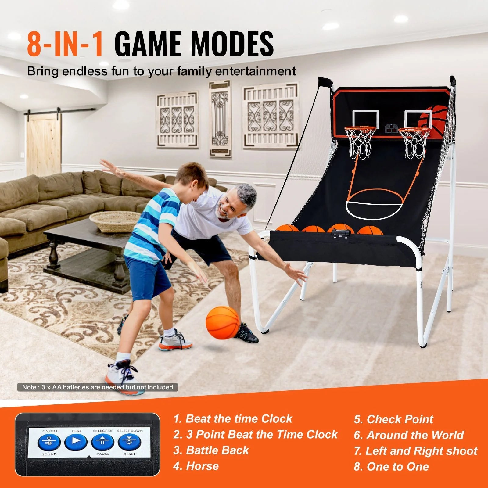 Doba Foldable Basketball Arcade Game, 2 Player Indoor Basketball Game, Home Dual Shot Sport with 5 Balls, 8 Game Modes, Electronic Scoreboard, and Inflation Pump, for Kids, Adults (Black & White) 80 x 54 x 81 in Foldable