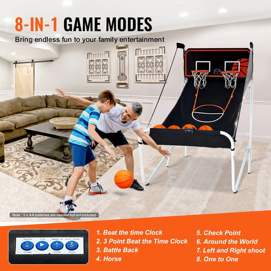 Doba Foldable Basketball Arcade Game, 2 Player Indoor Basketball Game, Home Dual Shot Sport with 5 Balls, 8 Game Modes, Electronic Scoreboard, and Inflation Pump, for Kids, Adults (Black & White) 80 x 54 x 81 in Foldable