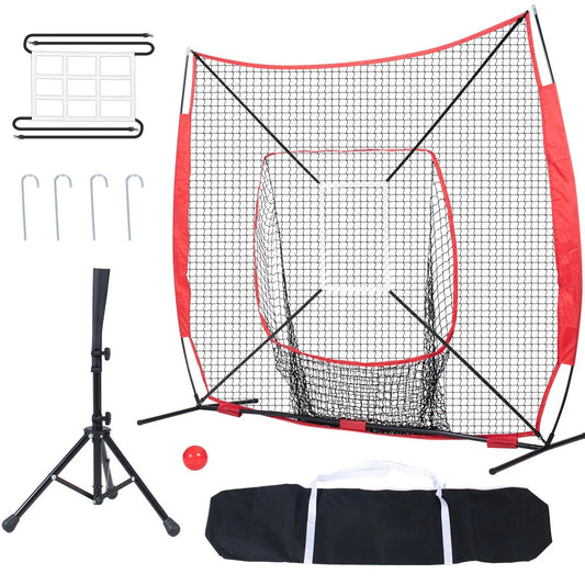 Doba 7x7 ft Baseball Softball Practice Net, Portable Baseball Training Net for Hitting Batting Catching Pitching, Backstop Baseball Equipment with Bow Frame, Carry Bag, Strike Zone, Ball, Batting Tee Single Hole and Nine Holes Batting Tee + Red Ball