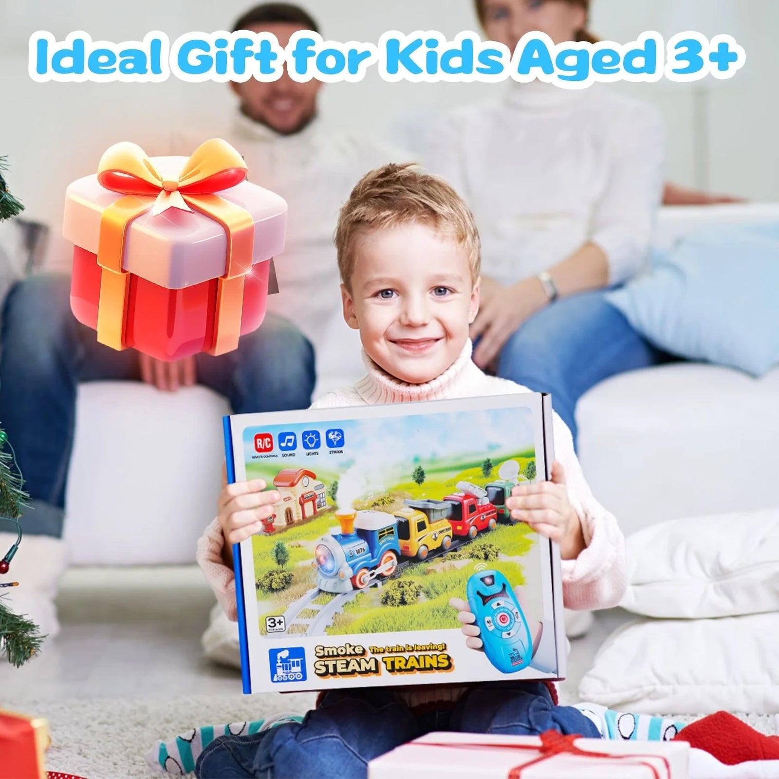 Doba Kids Electric Train Set with Remote - Immersive Play with Authentic Train Sounds, Smoke Effects & Colorful Lights, Magnetic Connection Locomotive + 3 Trucks, Easy Assembly Tracks & Accessories, Perfec