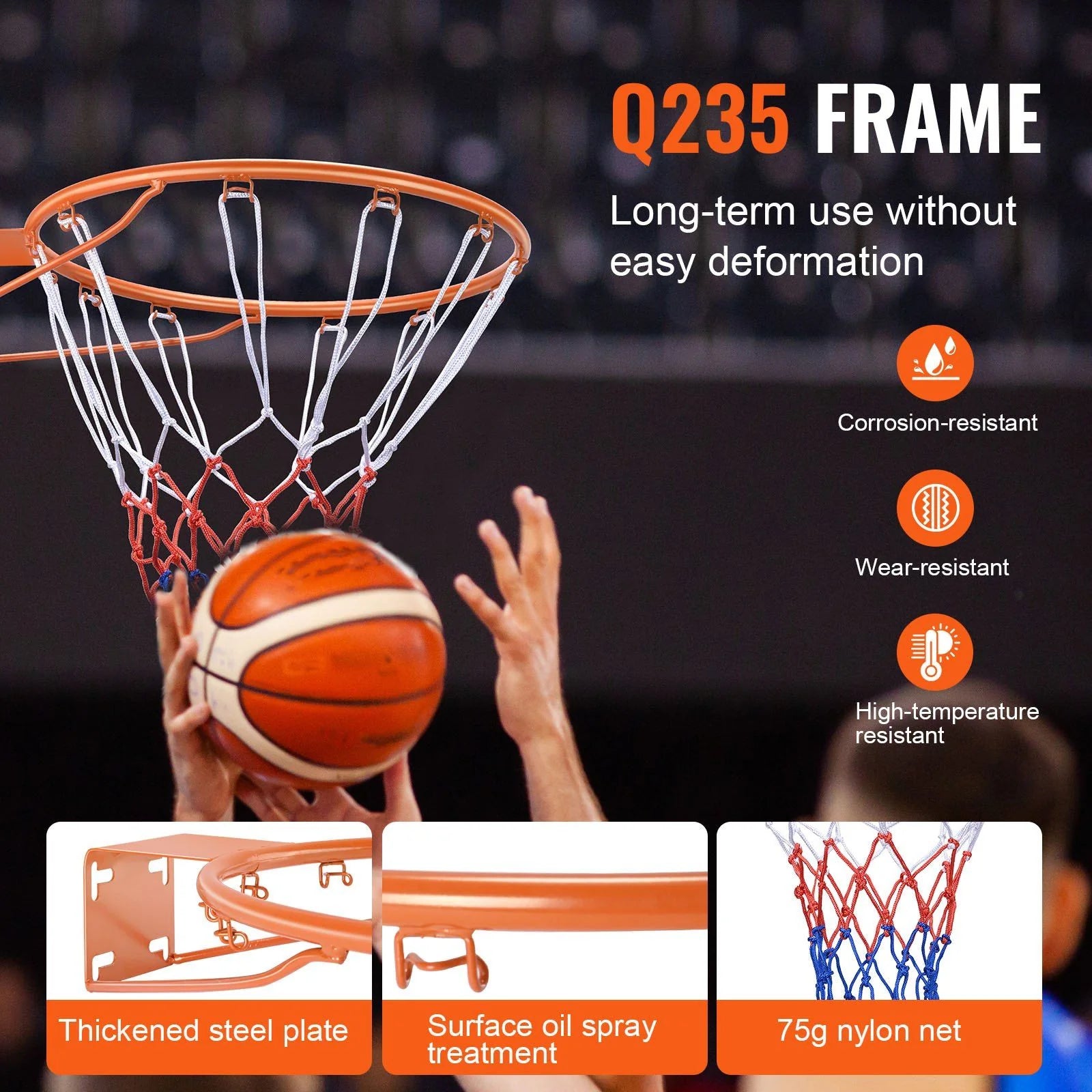 Doba Basketball Rim, Wall Door Mounted Basketball Hoop, Heavy Duty Q235 Basketball Flex Rim Goal Replacement with Net, Standard 18" Indoor and Outdoor Hanging Basketball Hoop for Kids Adults