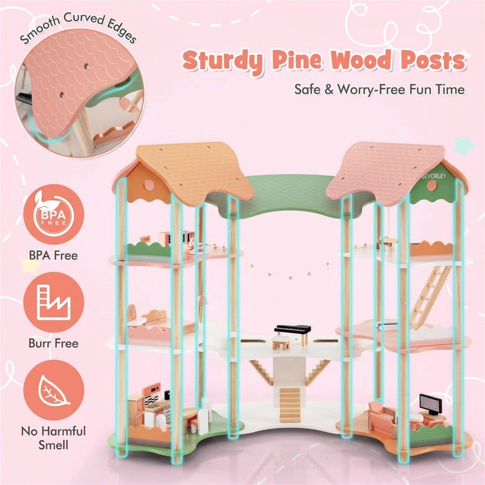 Doba 3-Tier Dollhouse with 7 Rooms & 31 Cute Furniture, MDF+Pine Wood Corner Design Kids Toy