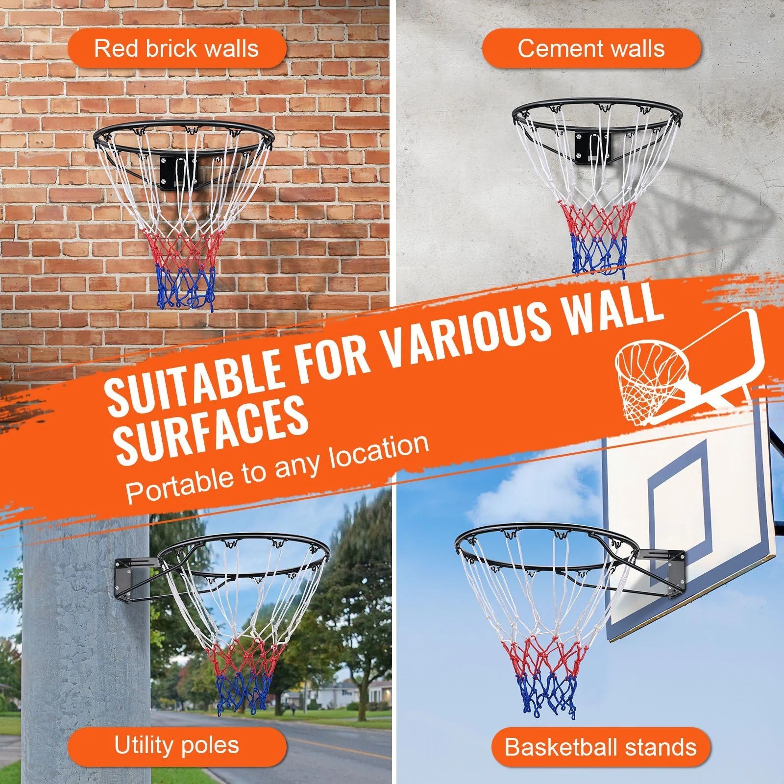 Doba Basketball Rim, Wall Door Mounted Basketball Hoop, Heavy Duty Q235 Basketball Flex Rim Goal Replacement with Net and Double Spring, Standard 18" Indoor Outdoor Hanging Hoop for Kids Adults