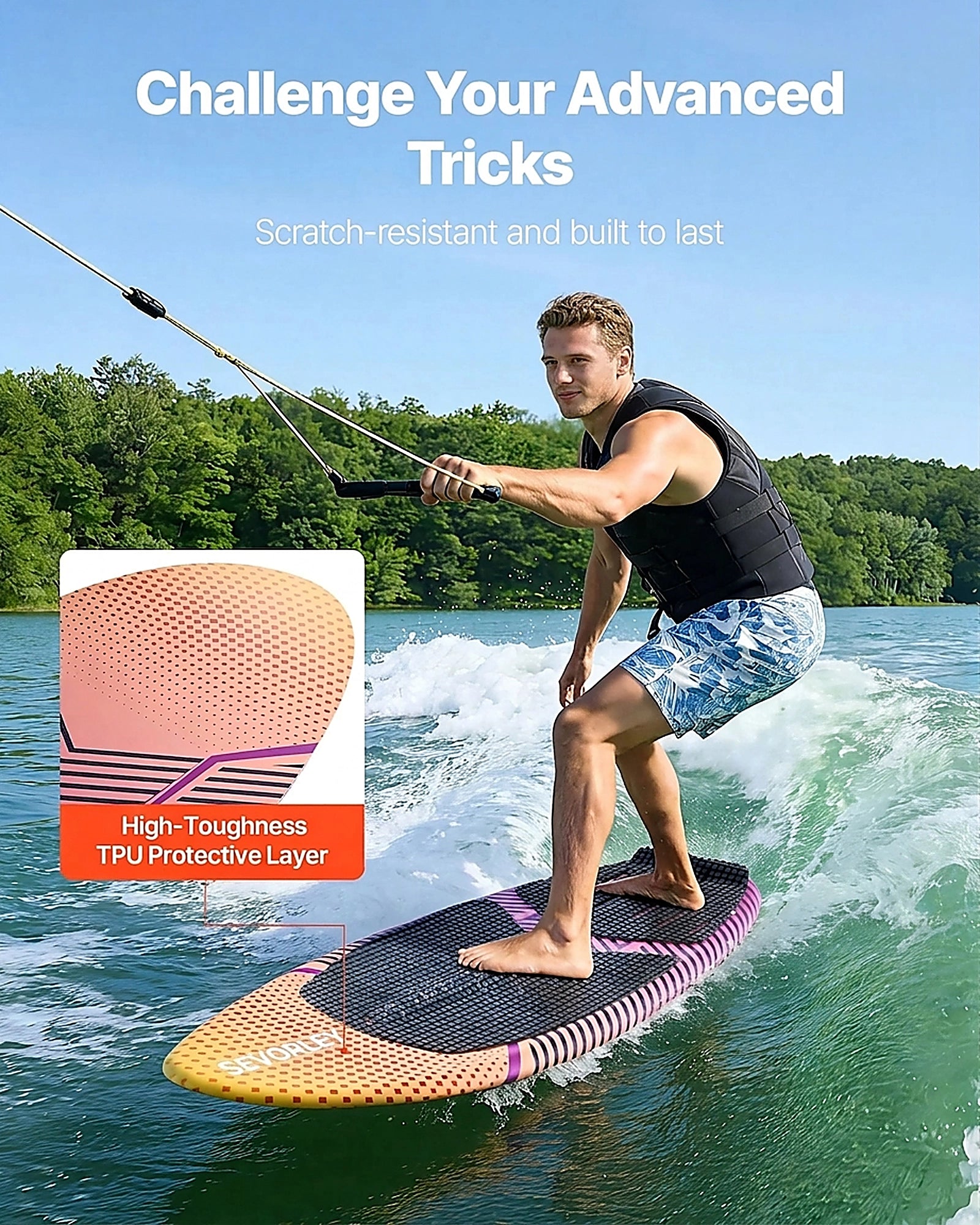 Doba 63-Inch Wakesurf Board, Wake Surfing Board with EPS Foam Core, EVA Non-Slip Pad & 3 Tail Fins, UV-Resistant Wakesurfing Boards for Adults Up to 250 lbs