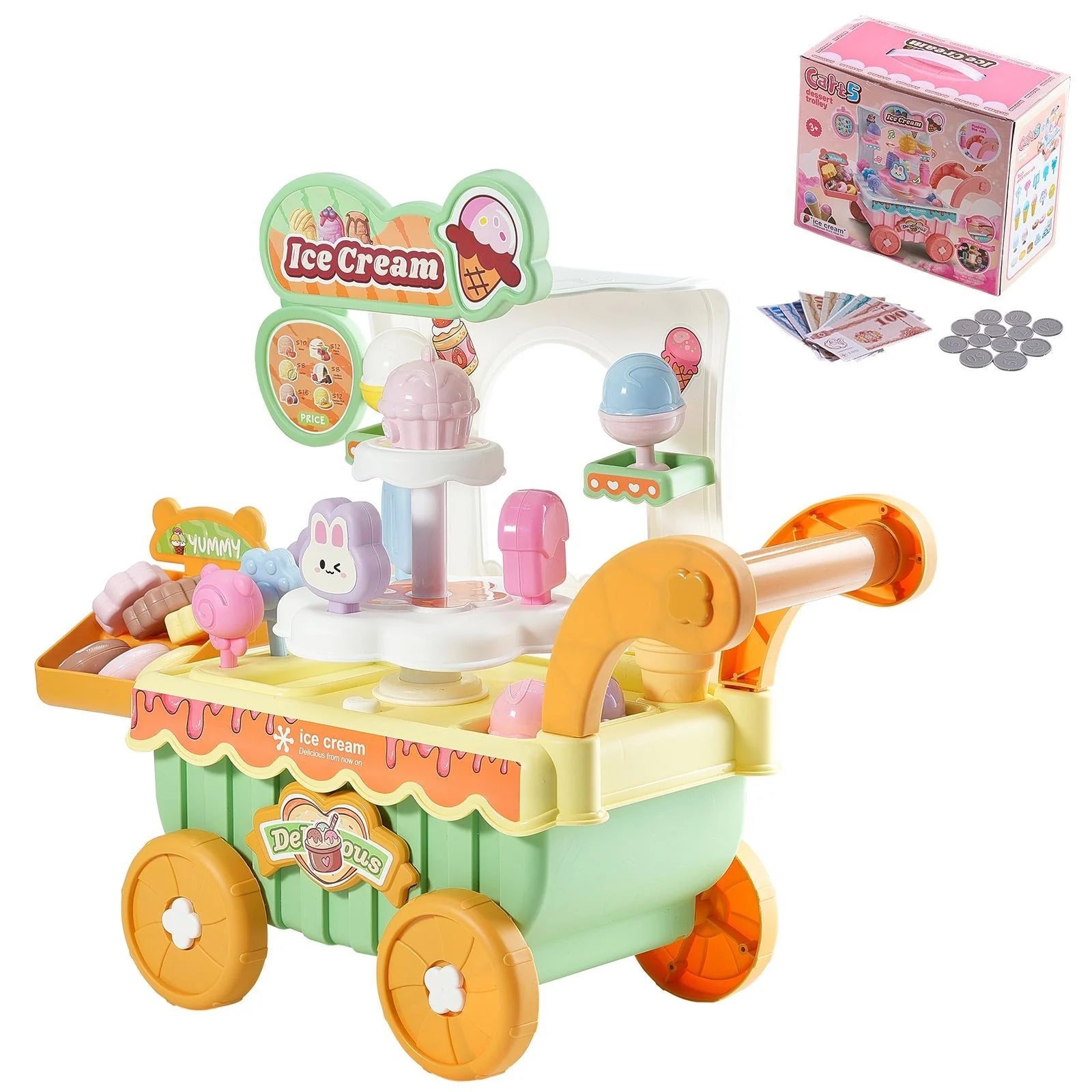 Doba Ice Cream Cart for Kids, 27 PCS Accessories, Pretend Play Store with Storage Trolley with Pretend Money, Sound & Light Effects, Montessori Educational Ice Cream Truck Toys for Toddlers 3+ Green