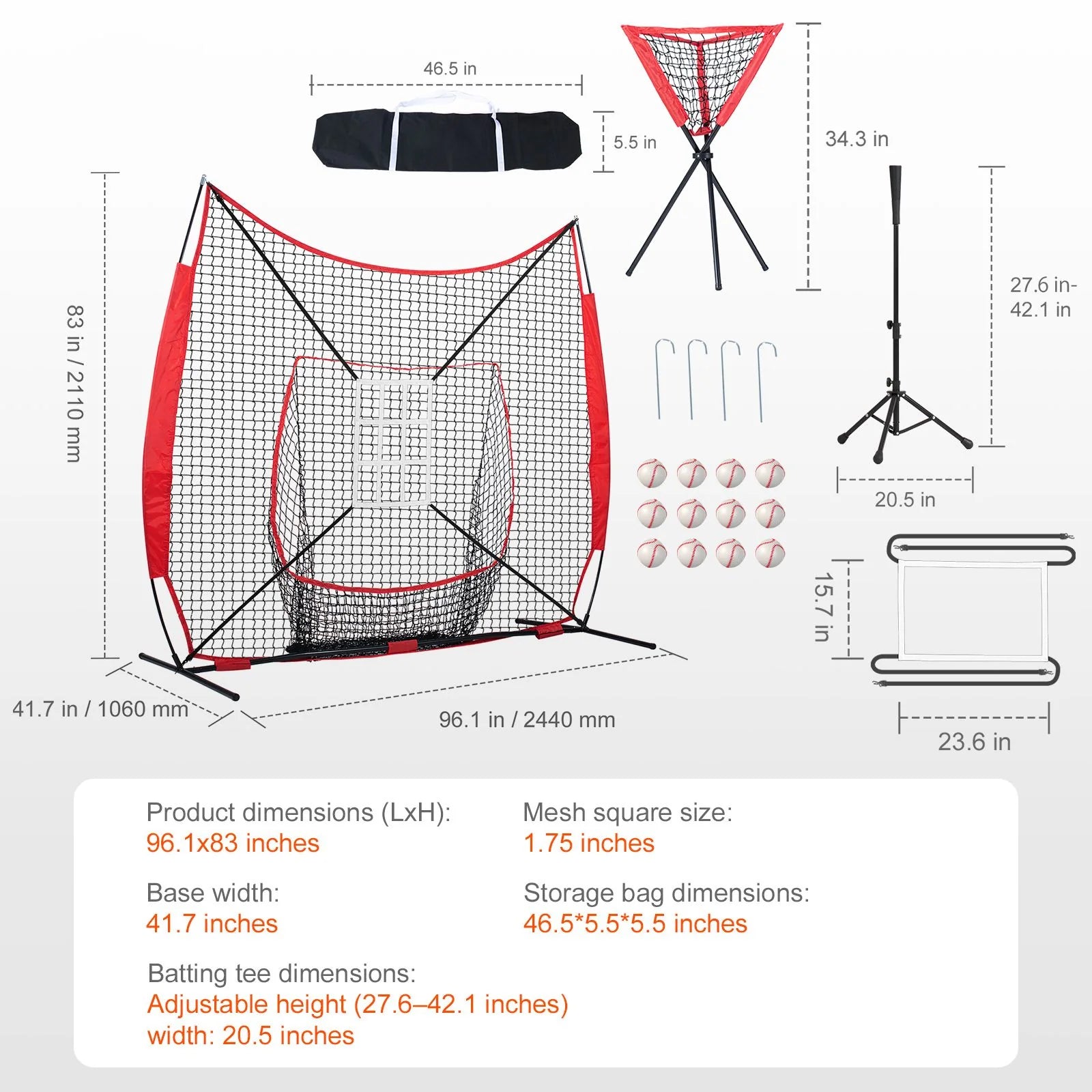 Doba 7x7 ft Baseball Softball Practice Net, Portable Baseball Training Net for Hitting Catching Pitching, Backstop Equipment with Bow Frame, Carry Bag, Strike Zone, 12 Balls, Tee, and Ball Collector