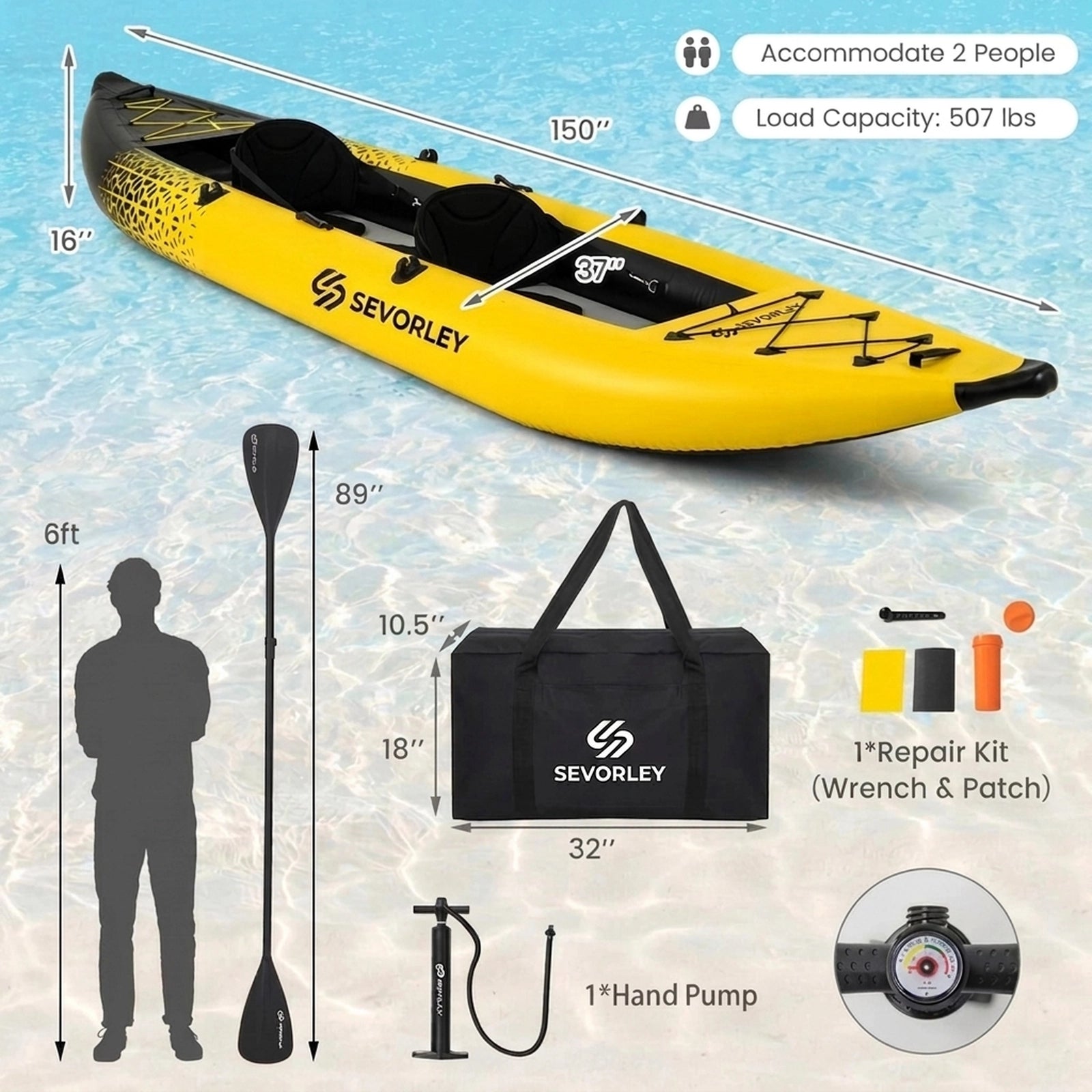 Doba Inflatable 2-person Kayak Set with Aluminium Oars and Repair Kit
