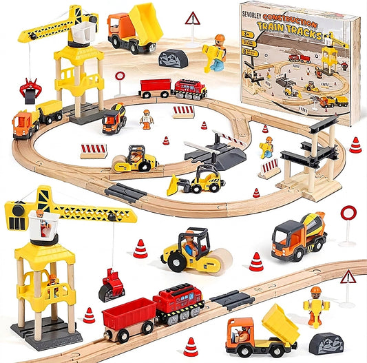Doba Wooden Train Set, Construction Toys Train Set for Toddlers 2-4, Wooden Train Track for Kids w/Crane, Railway Playset Toys for 3 Year Old Boys Girls Construction