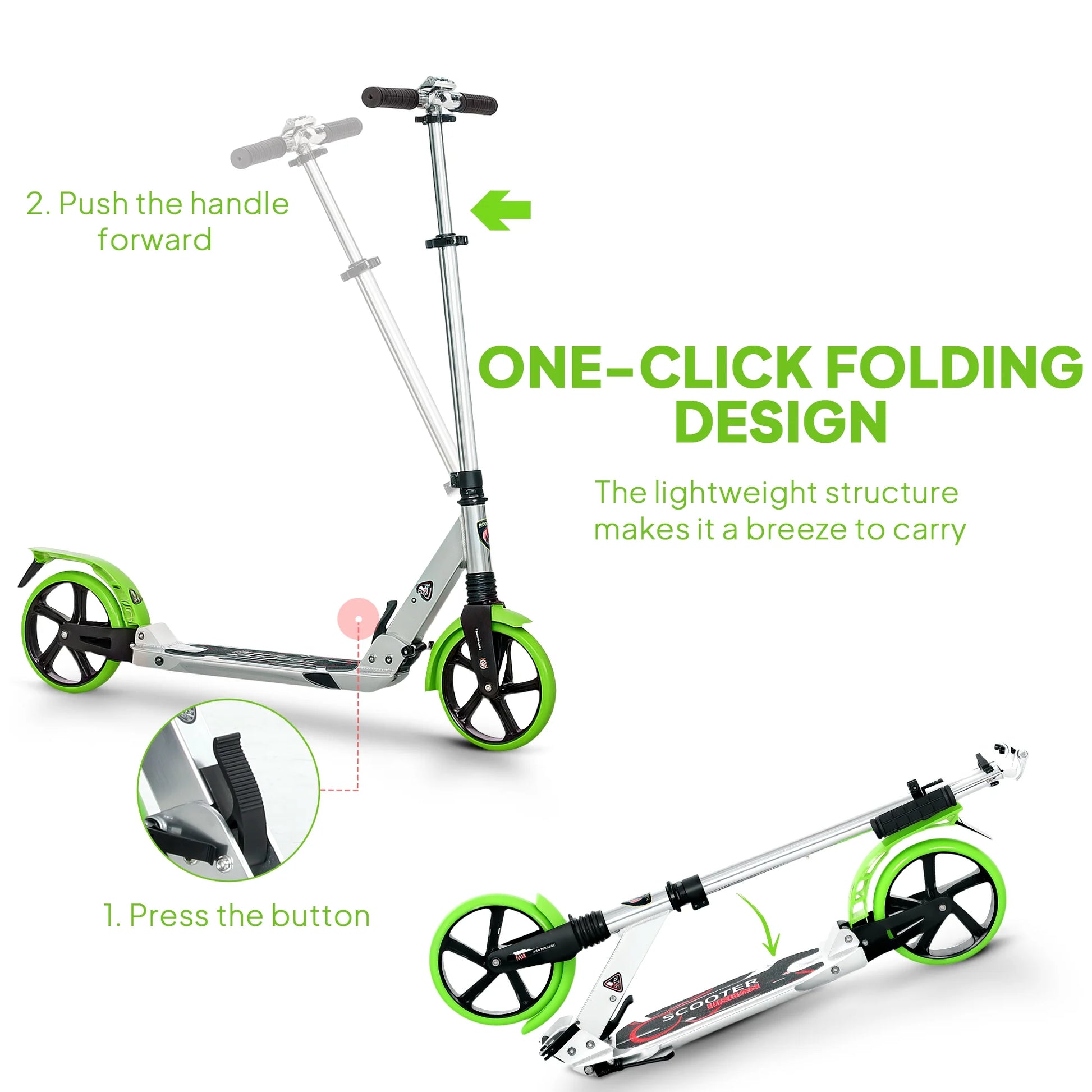 SEVORLEY Foldable Adult Kick Scooter – One-Step Folding Design, Lightweight Aluminum Frame, Responsive Rear Brake, Adjustable Handlebar Height, 100 kg Weight Capacity for Teens & Adults