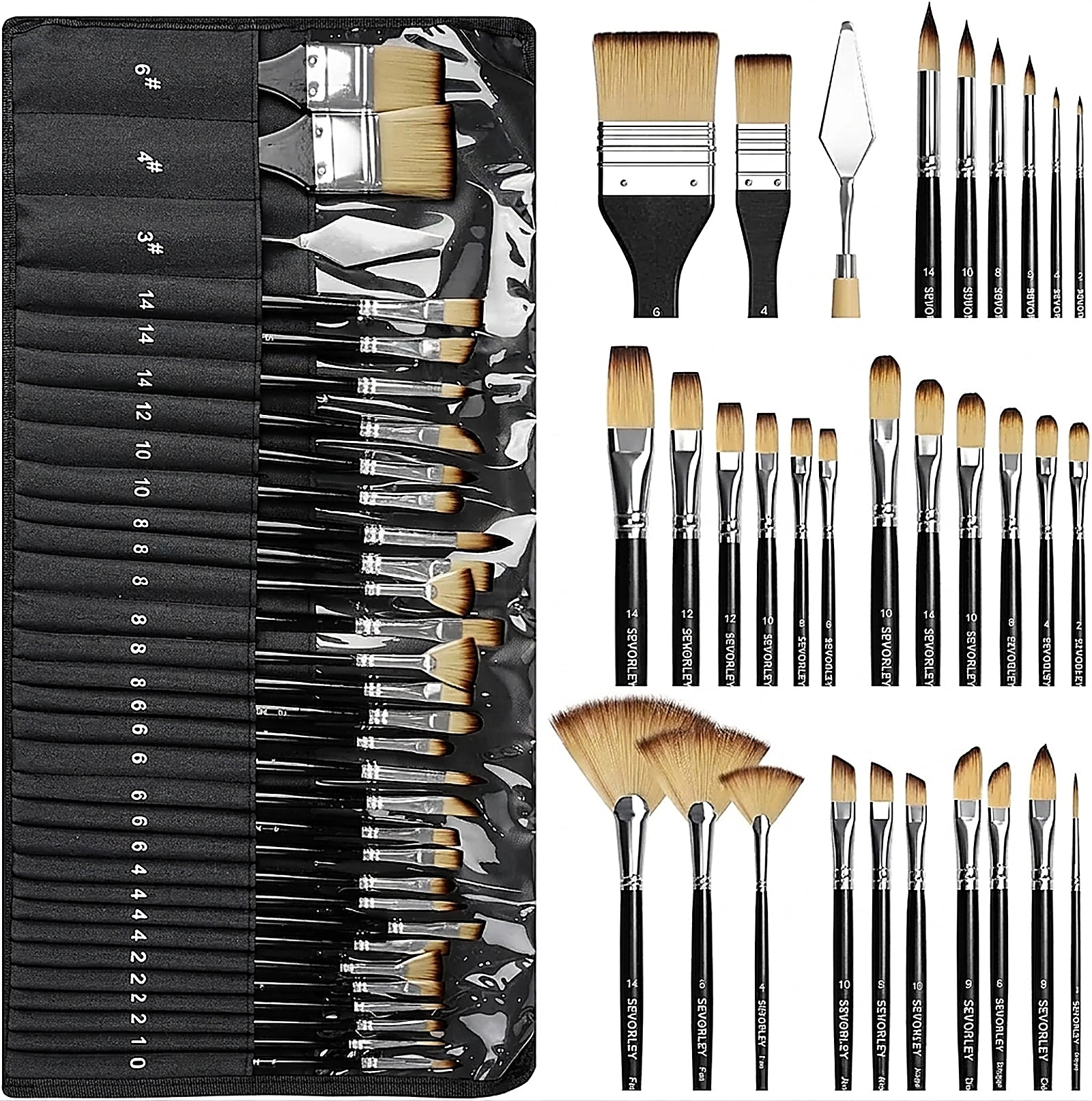 Doba 30pcs Paint Brush Set, Professional Paintbrushes with Paint Spatula and Cloth Roll, Craft Paint Brushes for Acrylic Painting, Oil, Watercolor, Gouache, Art Supplies for Artists and Beginners Black