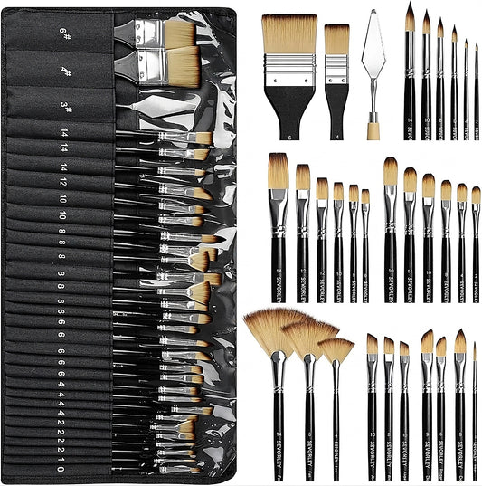 Doba 30pcs Paint Brush Set, Professional Paintbrushes with Paint Spatula and Cloth Roll, Craft Paint Brushes for Acrylic Painting, Oil, Watercolor, Gouache, Art Supplies for Artists and Beginners Black
