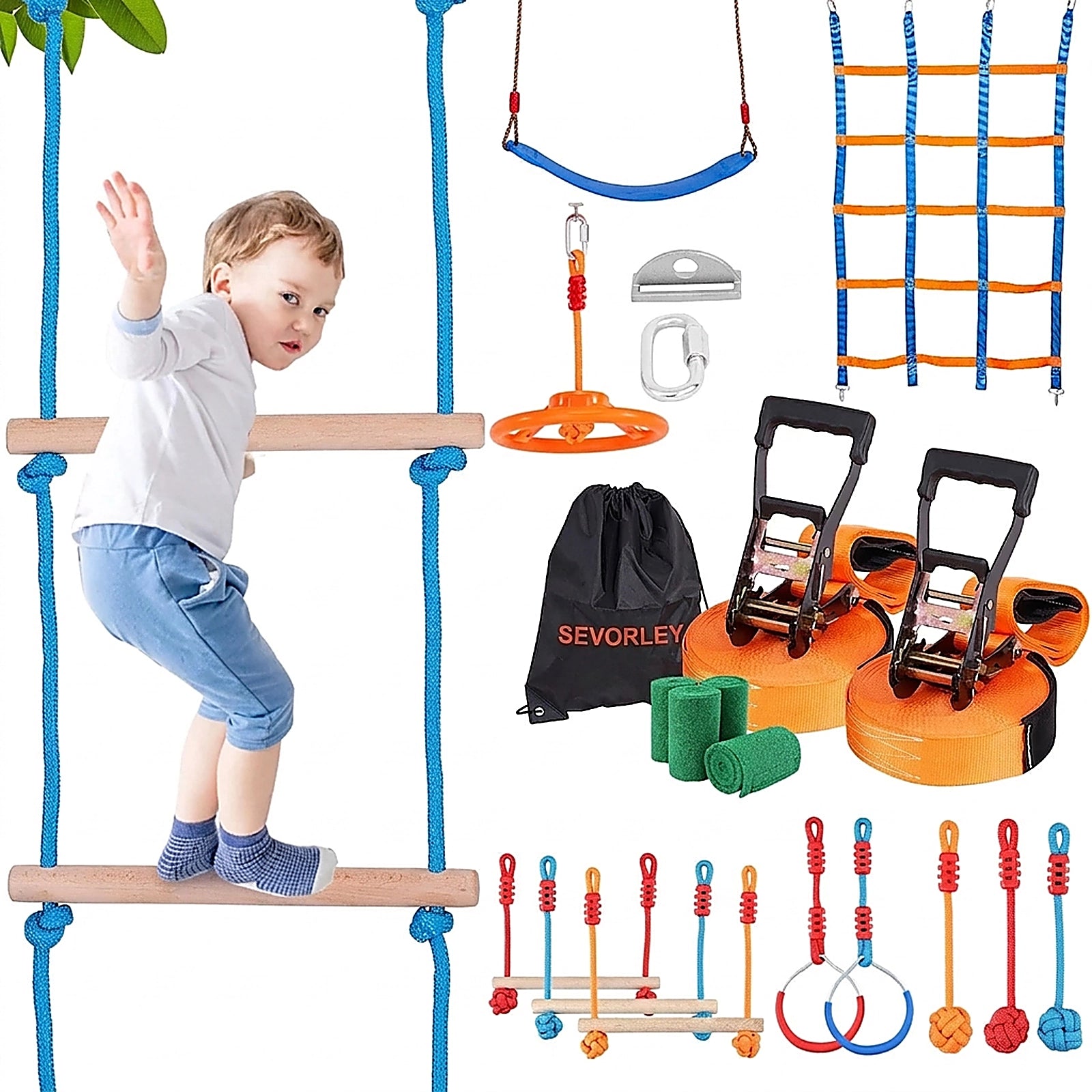 Doba Ninja Warrior Obstacle Course for Kids, 2 x 56 ft Weatherproof Slacklines, 500lbs Weight Capacity Monkey Line, Outdoor Playset Equipment, Backyard Toys Training Equipment Set with 12 Obstacles 56 x 2 ft