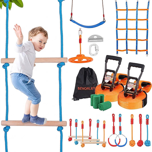 Doba Ninja Warrior Obstacle Course for Kids, 2 x 56 ft Weatherproof Slacklines, 500lbs Weight Capacity Monkey Line, Outdoor Playset Equipment, Backyard Toys Training Equipment Set with 12 Obstacles 56 x 2 ft