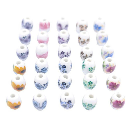 Doba 50pcs Blue White Porcelain Pattern Loose Beads Waist Drum Shaped Chinese Knot DIY Bracelets Ceramic Beads,Assorted Color Default