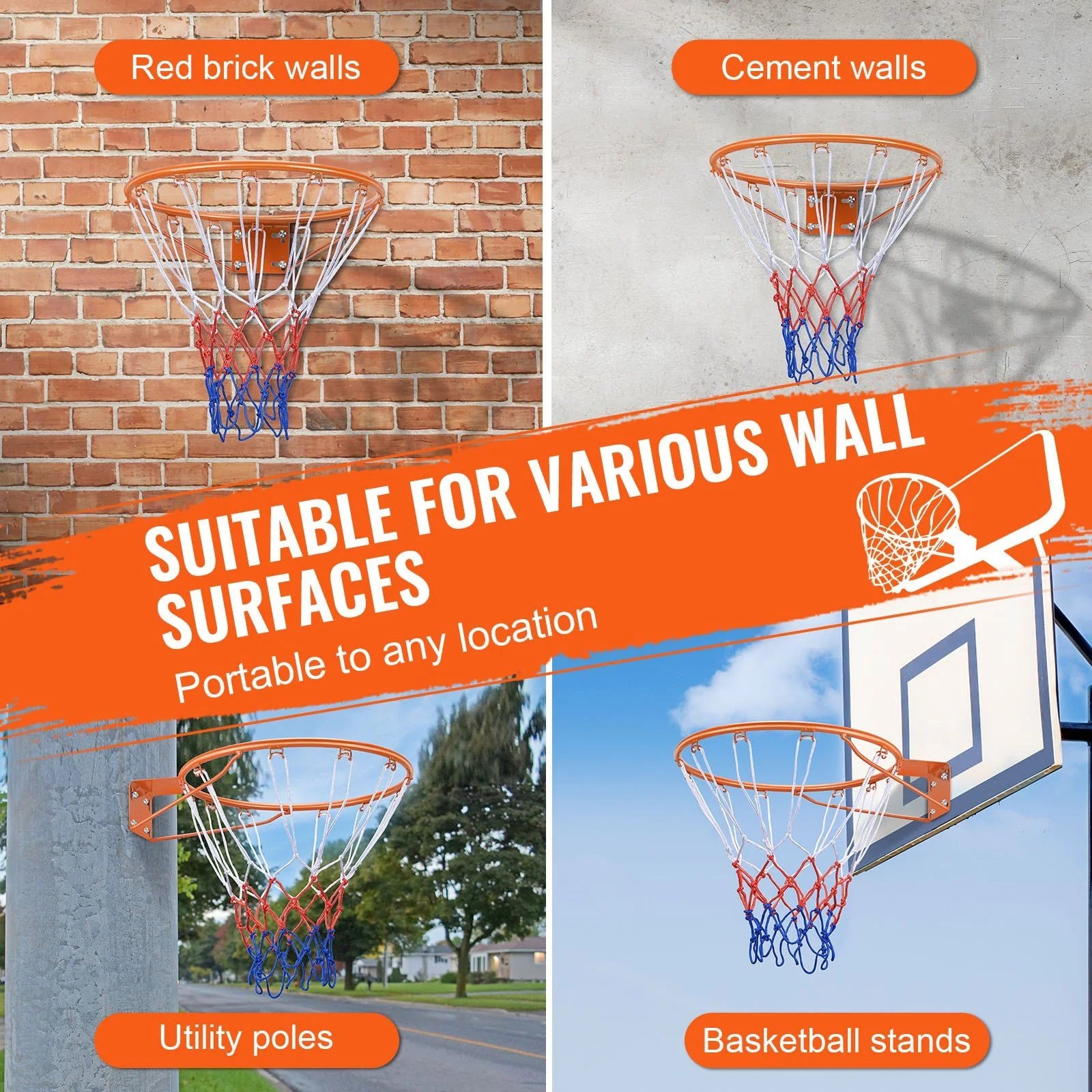 Doba Basketball Rim, Wall Door Mounted Basketball Hoop, Heavy Duty Q235 Basketball Flex Rim Goal Replacement with Net, Standard 18" Indoor and Outdoor Hanging Basketball Hoop for Kids Adults