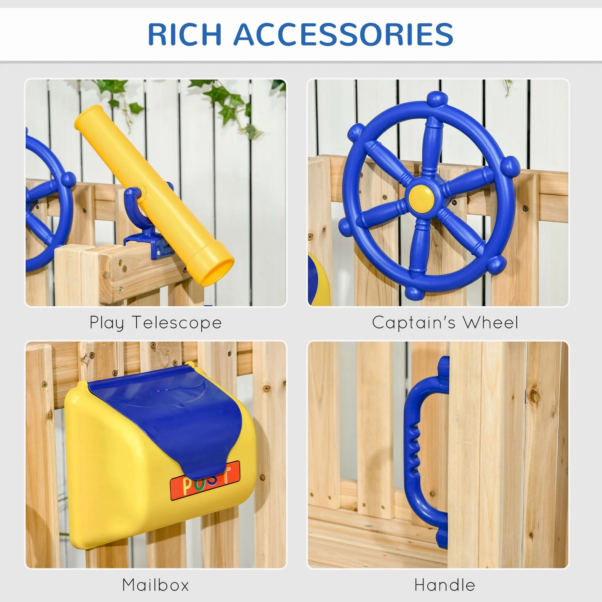 Doba 3-in-1 Wooden Swing Set with Slide, Swing Seat, Fort, Wheel, Telescope & Mailbox, for 1.5-4 Years Old, Children's Outdoor Toys