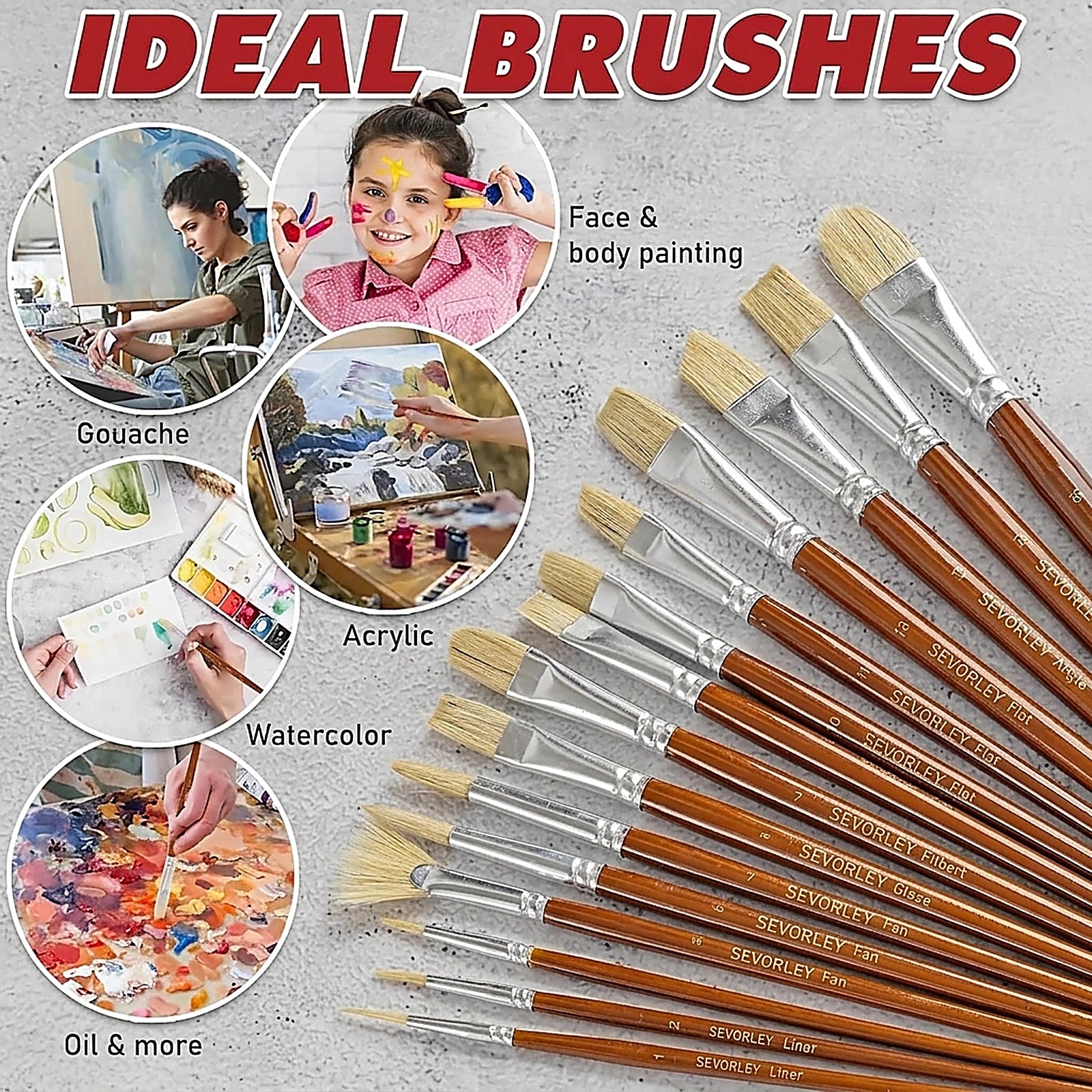 Doba Artist Paint Brush Set (15pc) - Short Handle Hog Bristle Brushes for Oil, Acrylic, Gouache, Watercolor - Includes Pop-Up Case, Palette Knife & Sponges - Professional Art Supplies