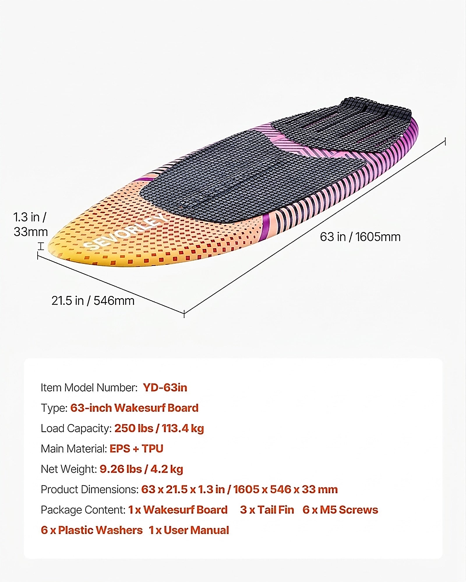 Doba 63-Inch Wakesurf Board, Wake Surfing Board with EPS Foam Core, EVA Non-Slip Pad & 3 Tail Fins, UV-Resistant Wakesurfing Boards for Adults Up to 250 lbs