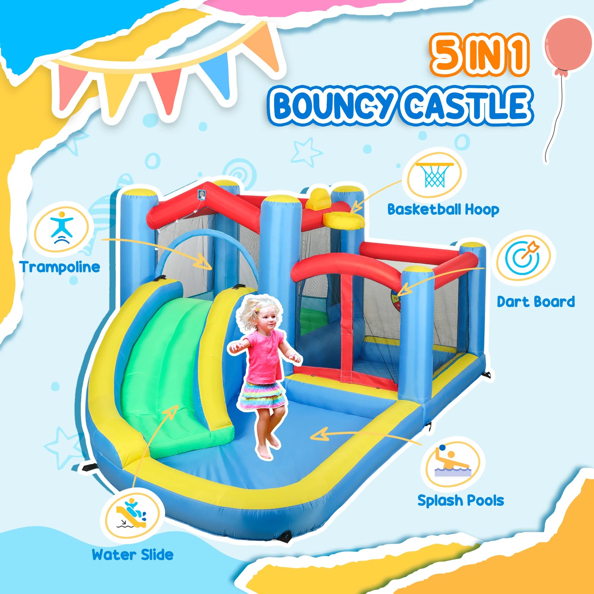 SEVORLEY 5-in-1 Inflatable Water Slide Bouncer – 151" x 114" Backyard Water Park with Slide, Splash Pool, Basketball Hoop, Trampoline & Dart Game, 550W Blower Included, Ages 3-8
