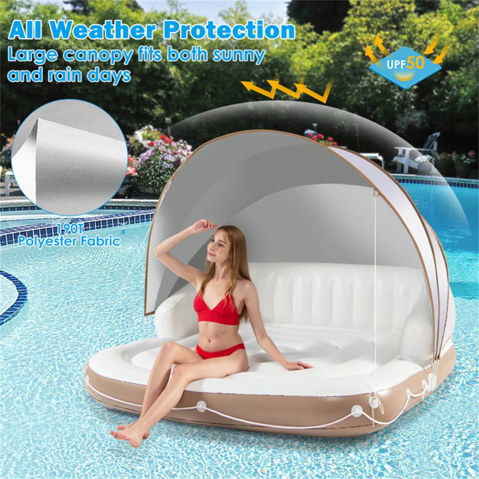SEVORLEY Inflatable Floating Island Lounge – 71" x 71" Water Raft with Adjustable Removable Sunshade Canopy, SPF50+ Protection, Cup Holders, 441 lbs Capacity for Pool, Lake, Beach, Patio