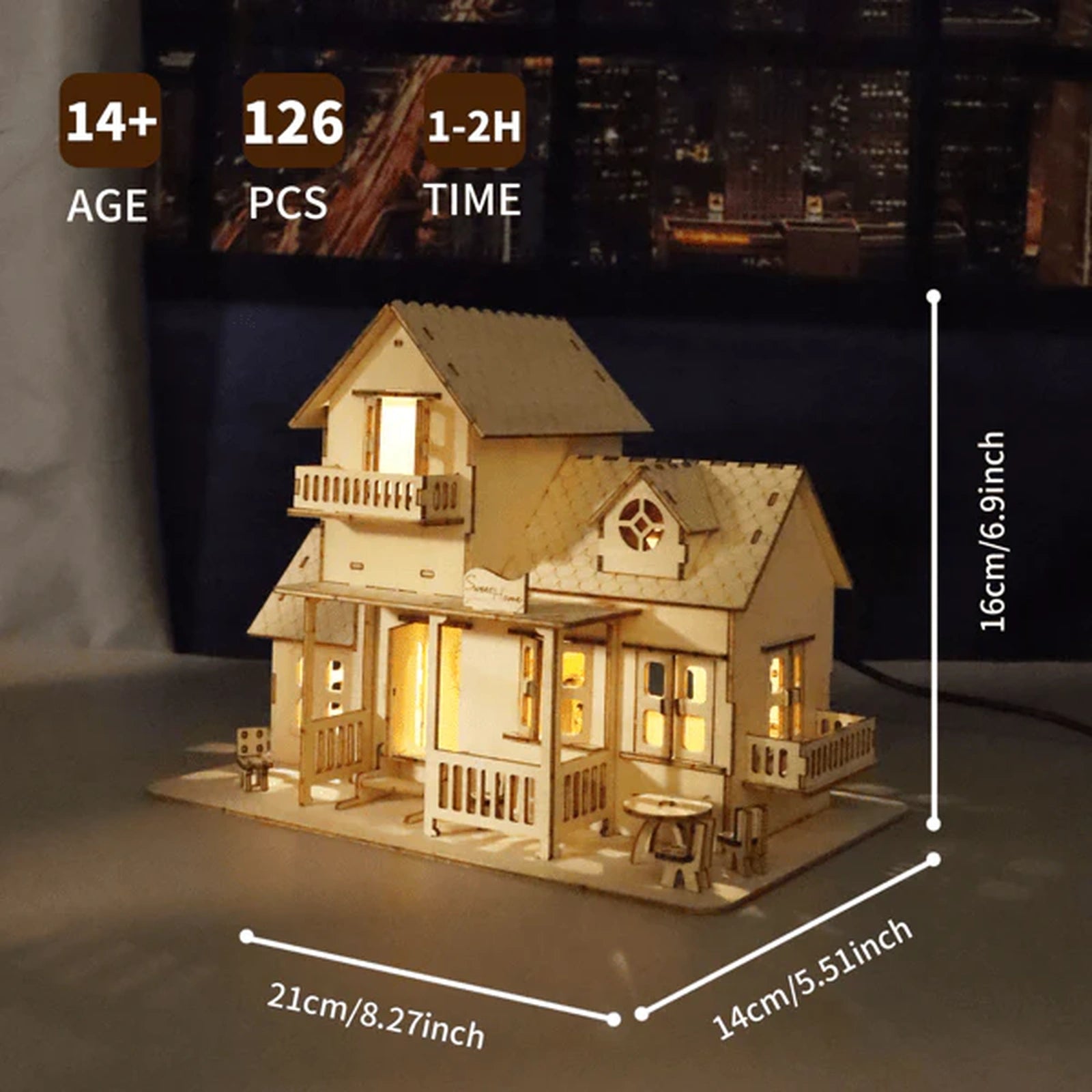 Doba 3D Wooden Puzzle Sweet Home Music Box Hands Craft Miniature Dollhouse Kits 3D Model Diy House Building with LED Night Lights Gifts for Christmas
