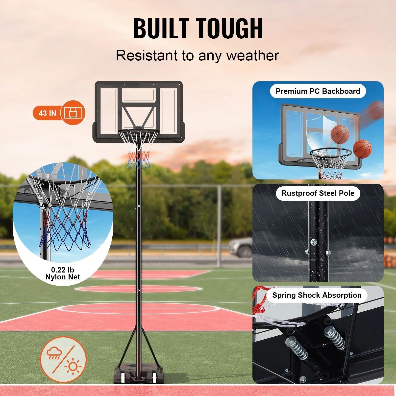 Doba Basketball Hoop, 4-10 ft Adjustable Height Portable Backboard System, 44 inch Basketball Hoop & Goal, Kids & Adults Basketball Set with Wheels, Stand, and Fillable Base, for Outdoor/Indoor