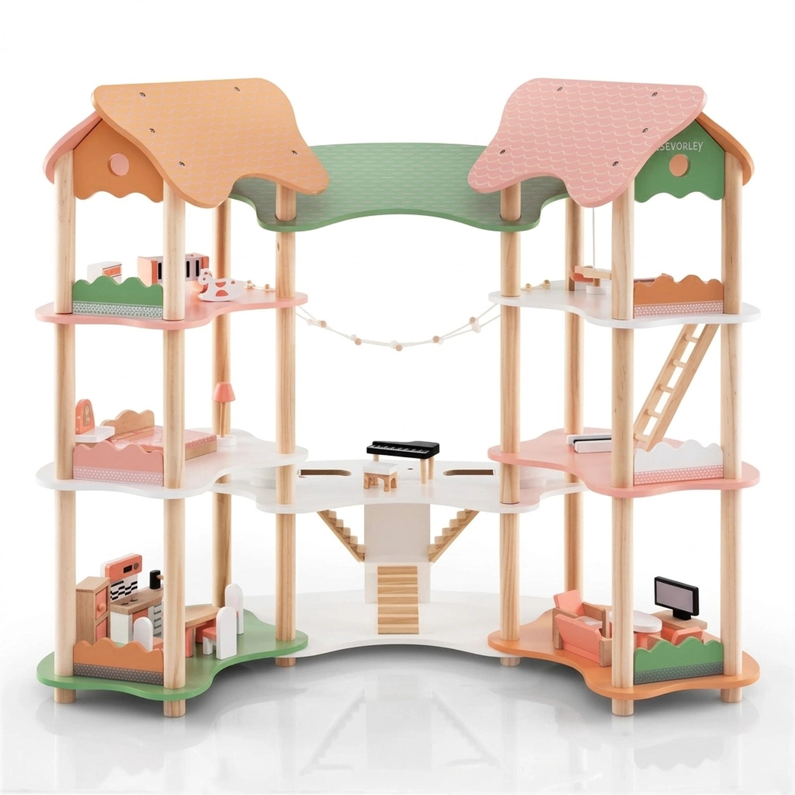 Doba 3-Tier Dollhouse with 7 Rooms & 31 Cute Furniture, MDF+Pine Wood Corner Design Kids Toy default title