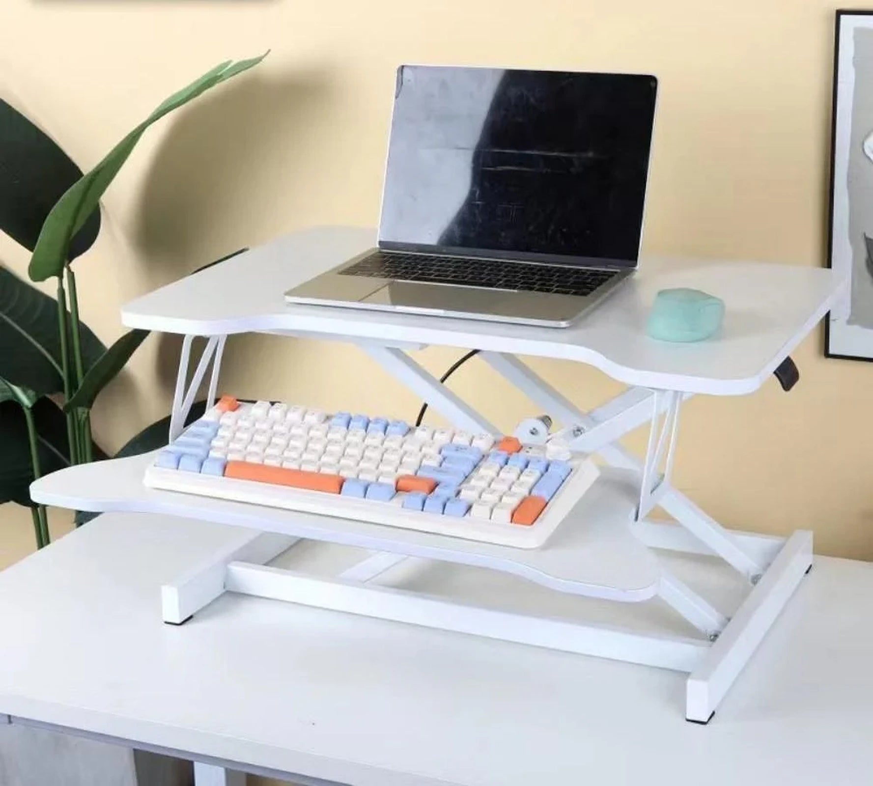 Doba 32 Inch Desk Converter, Height Adjustable Sit to Stand Riser, Dual Monitor and Laptop Workstation with Wide Keyboard Tray, White as Pic