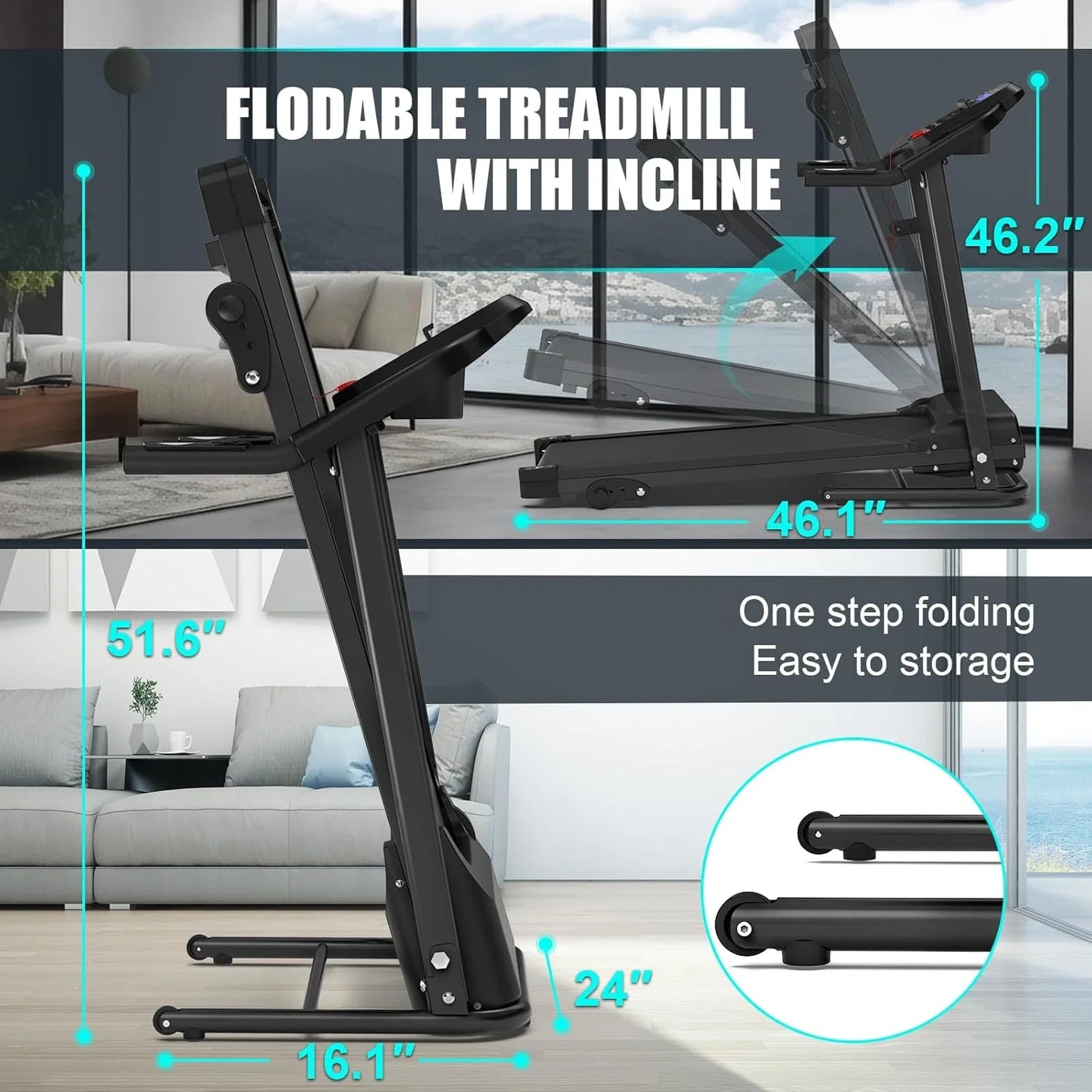 SEVORLEY FYC Compact Folding Treadmill – 2.5HP Brushless Motor, 3-Level Incline, 7.5 MPH Speed, Shock-Absorbing Running Belt, 400 lbs Capacity, Space-Saving Design for Home Gym & Apartment
