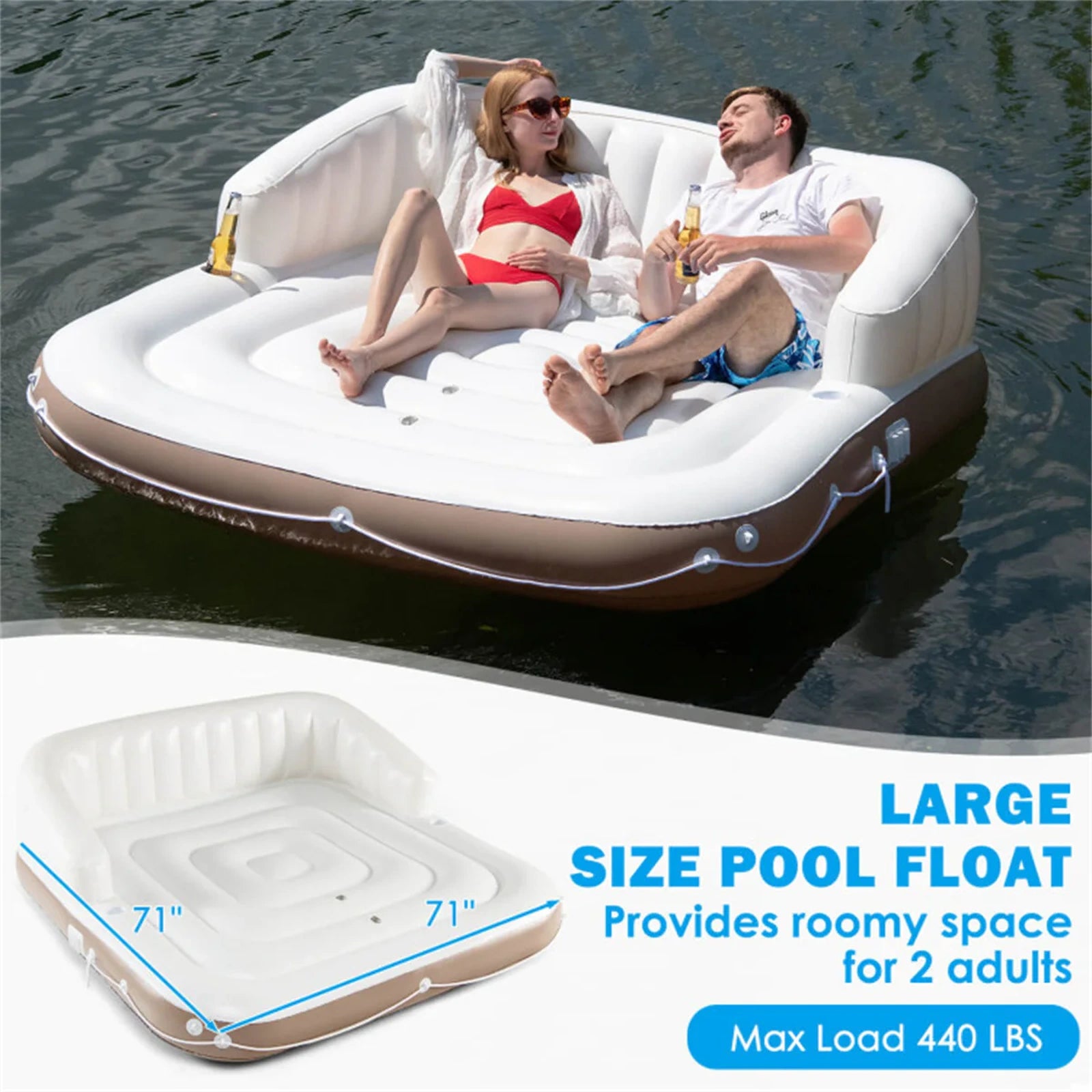 SEVORLEY Inflatable Floating Island Lounge – 71" x 71" Water Raft with Adjustable Removable Sunshade Canopy, SPF50+ Protection, Cup Holders, 441 lbs Capacity for Pool, Lake, Beach, Patio