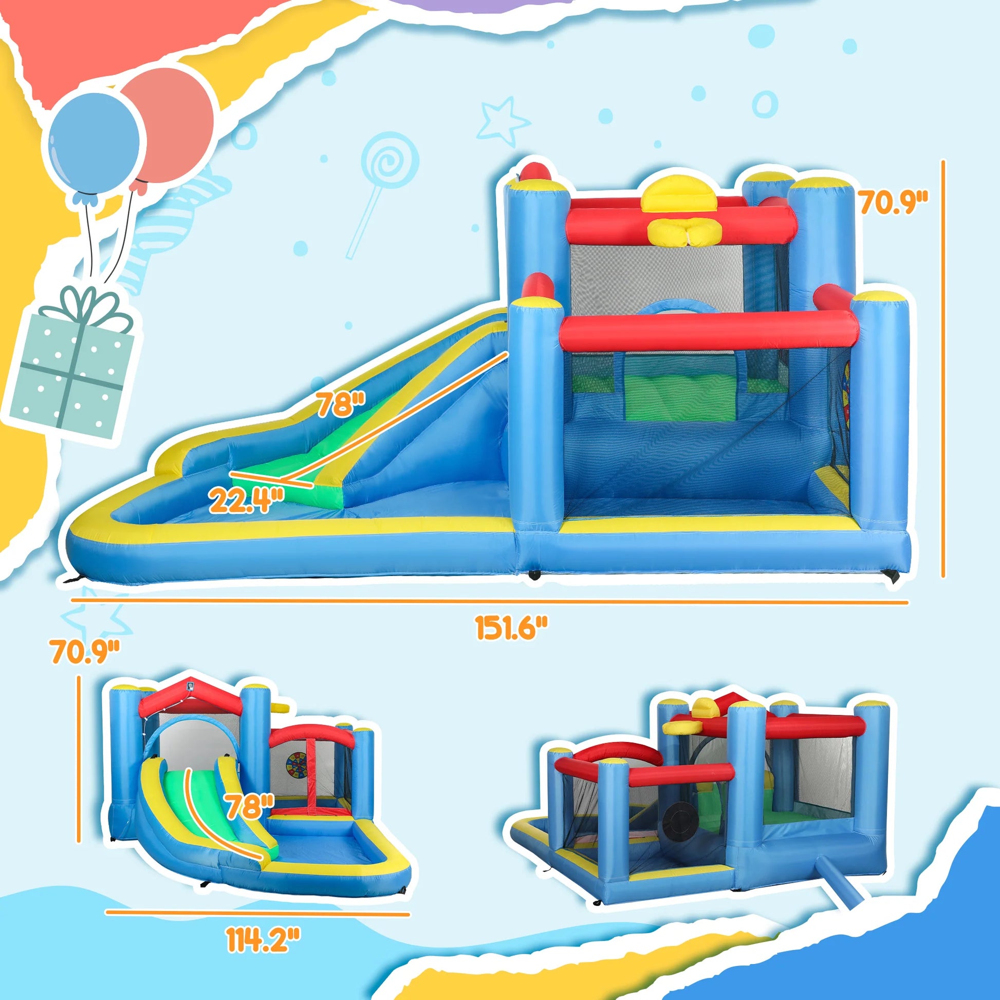 SEVORLEY 5-in-1 Inflatable Water Slide Bouncer – 151" x 114" Backyard Water Park with Slide, Splash Pool, Basketball Hoop, Trampoline & Dart Game, 550W Blower Included, Ages 3-8