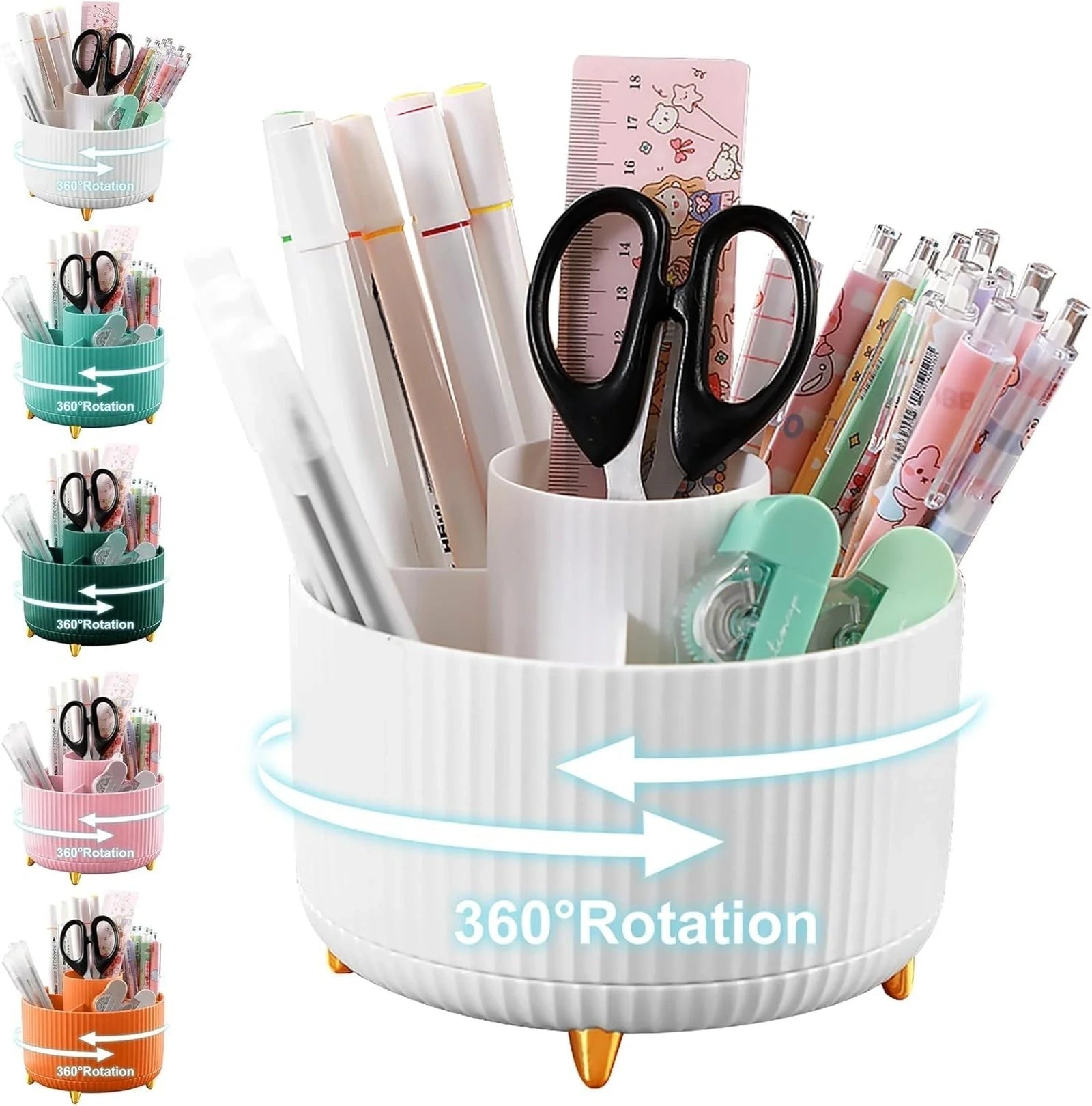 Doba Pencil Holder For Desk,5 Slots 360°Degree Rotating Desk Organizers And Accessories,Desktop Storage Stationery Supplies Organizer, Cute Pencil Cup Pot For Office, School, Home (B-White)