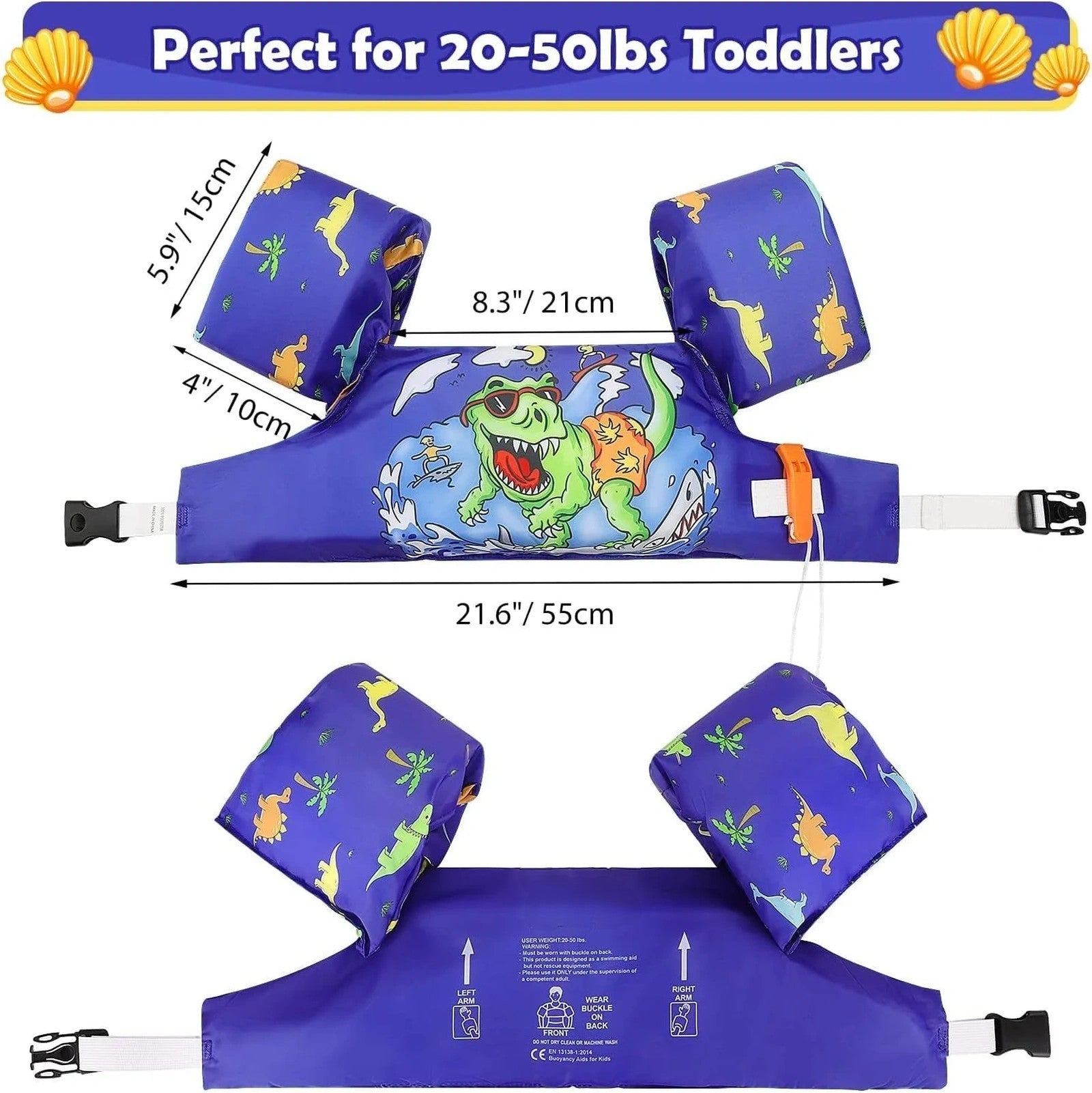 Doba Swim Arm Band for Kids 20-50lbs, Toddler Swim Vest Cute Cartoon Swimming Wings Pool Floats Sleeve Children Water Sports Learning Swim Training Equipment, Blue & Surfing Dinosaur