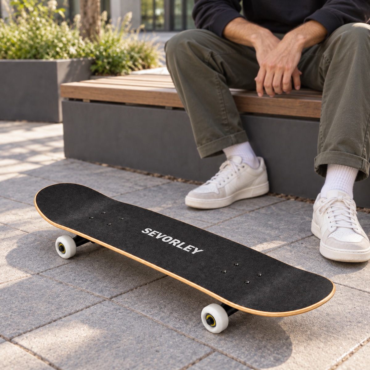 SEVORLEY SEVORLEY Double-Kick Skateboard with Maple Deck, Black Grip Tape, PU Wheels and Checkerboard Design