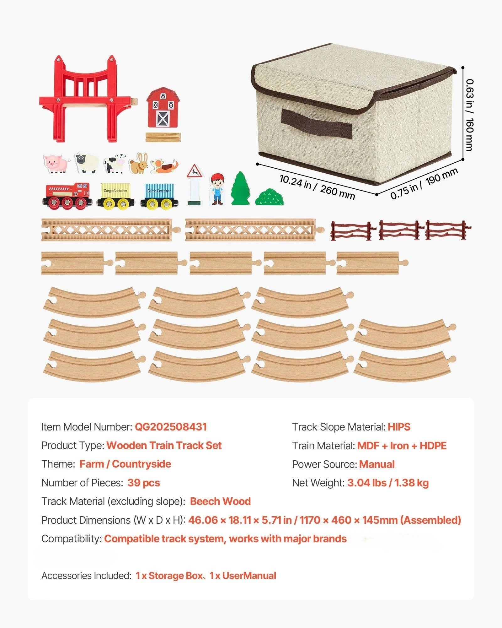Doba Wooden Train Set, 39PCS, Wood Train Track with Magnetic Trains and Railway Accessories, Compatible with Major Brands, Small Town, Christmas Birthday Toy for Kids Toddlers Ages 3-8 Boys and Girls