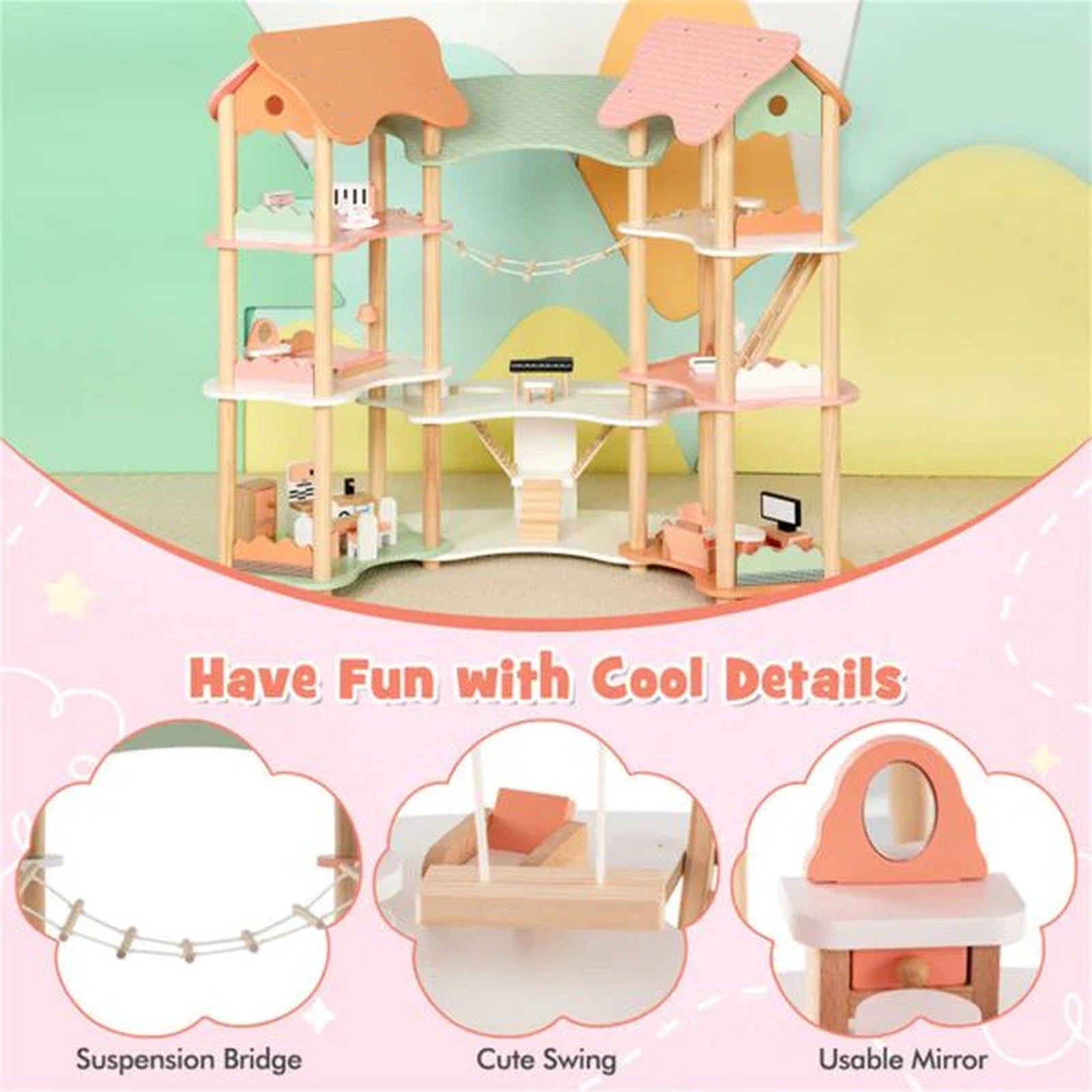 Doba 3-Tier Dollhouse with 7 Rooms & 31 Cute Furniture, MDF+Pine Wood Corner Design Kids Toy