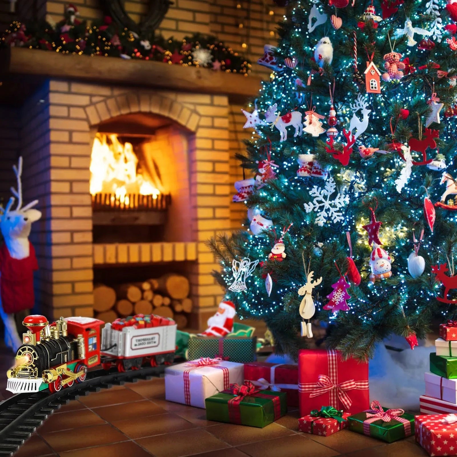 Doba Electric Train Set Kid Toy Xmas Steam Train Kit Tree Surround Track Battery Operated