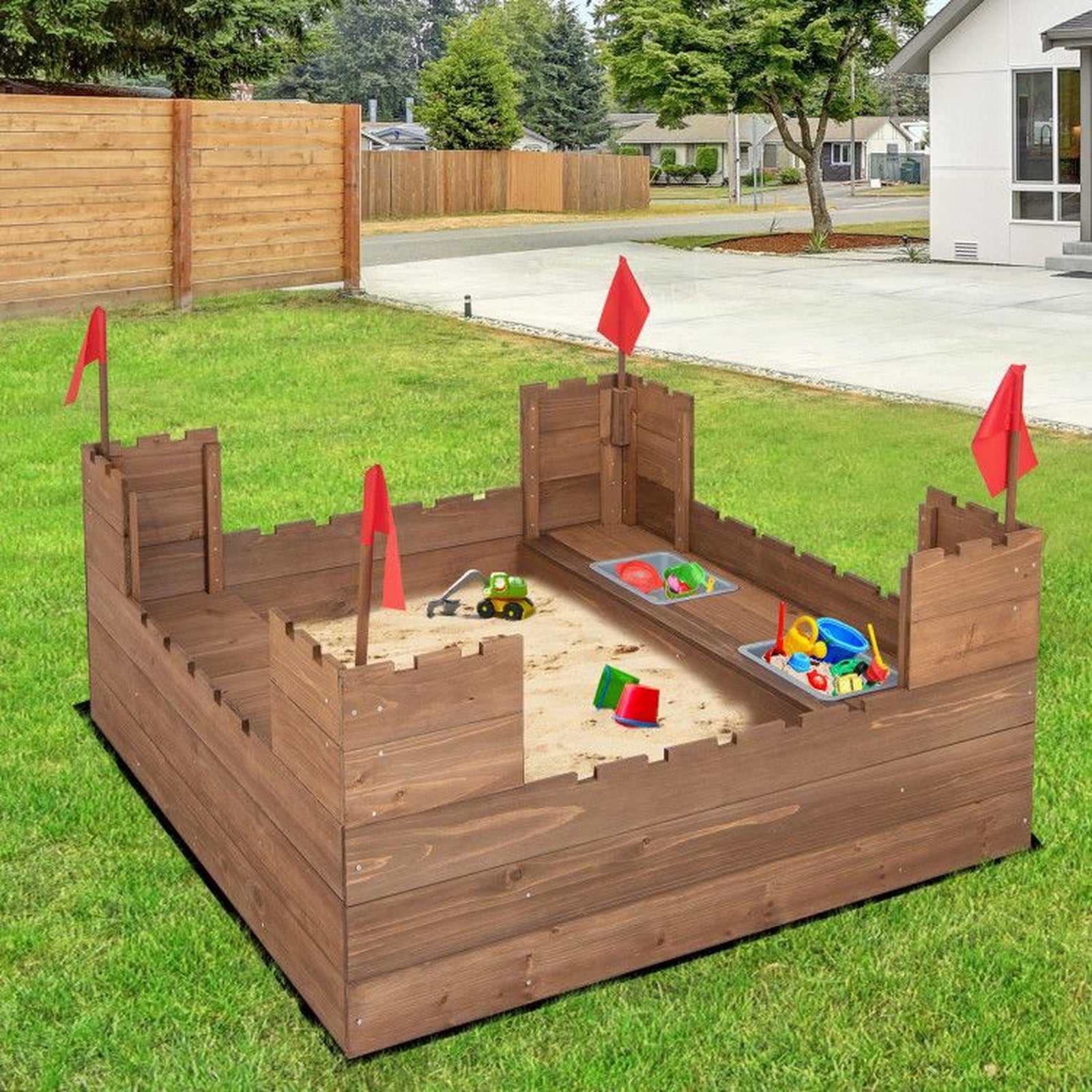 Doba Kids Wooden Sandbox with Bottom Liner and Red Flags