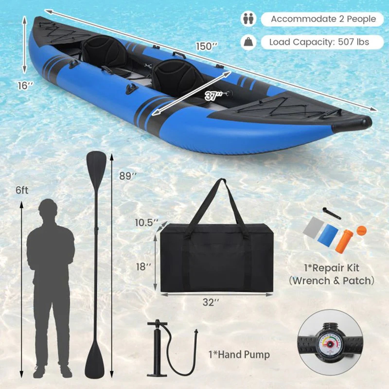 Doba Inflatable 2-person Kayak Set with Aluminium Oars and Repair Kit
